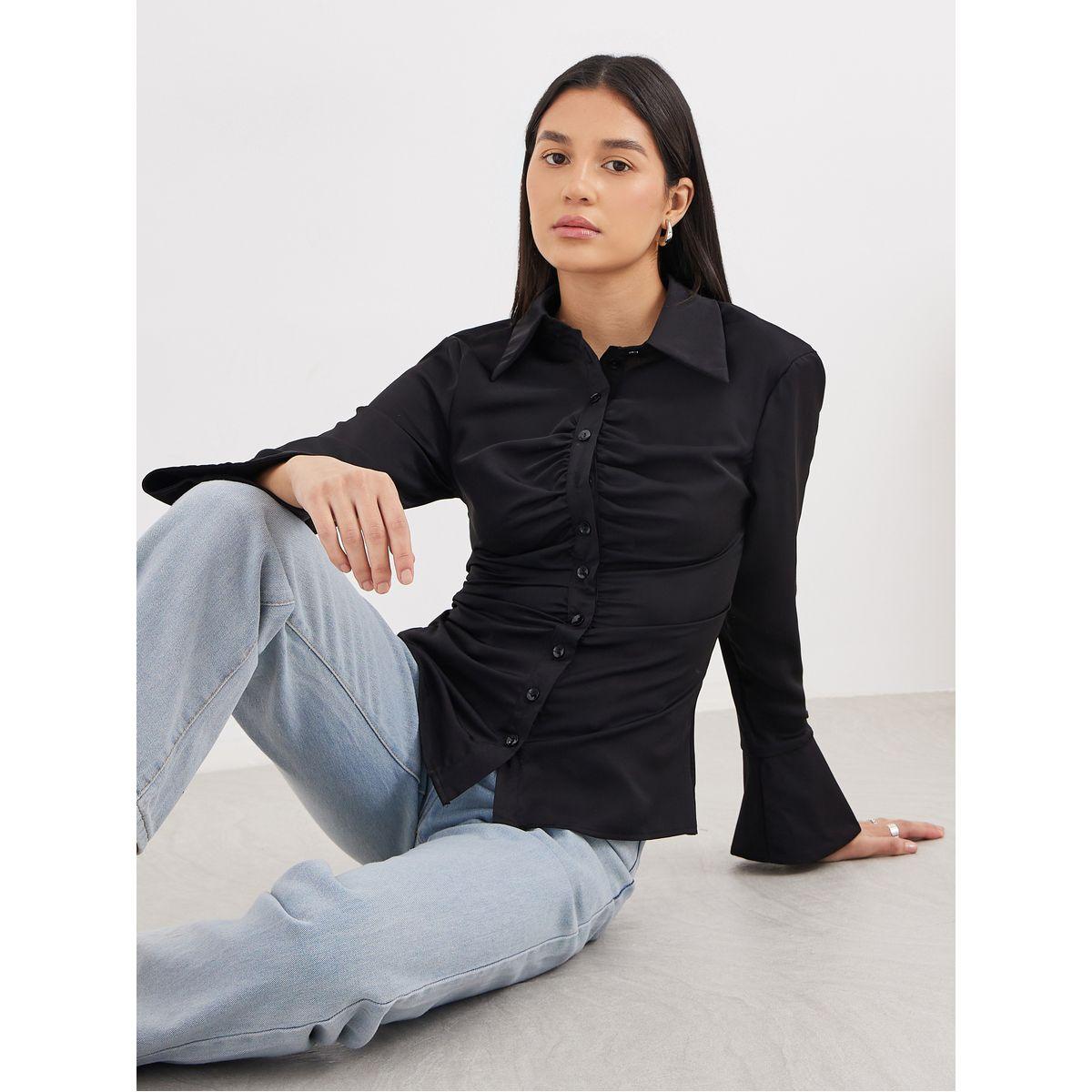 Styli Black Gathered Shirt with Bell Sleeve-women-clothing-shirtsandblouses-shirts-image-1