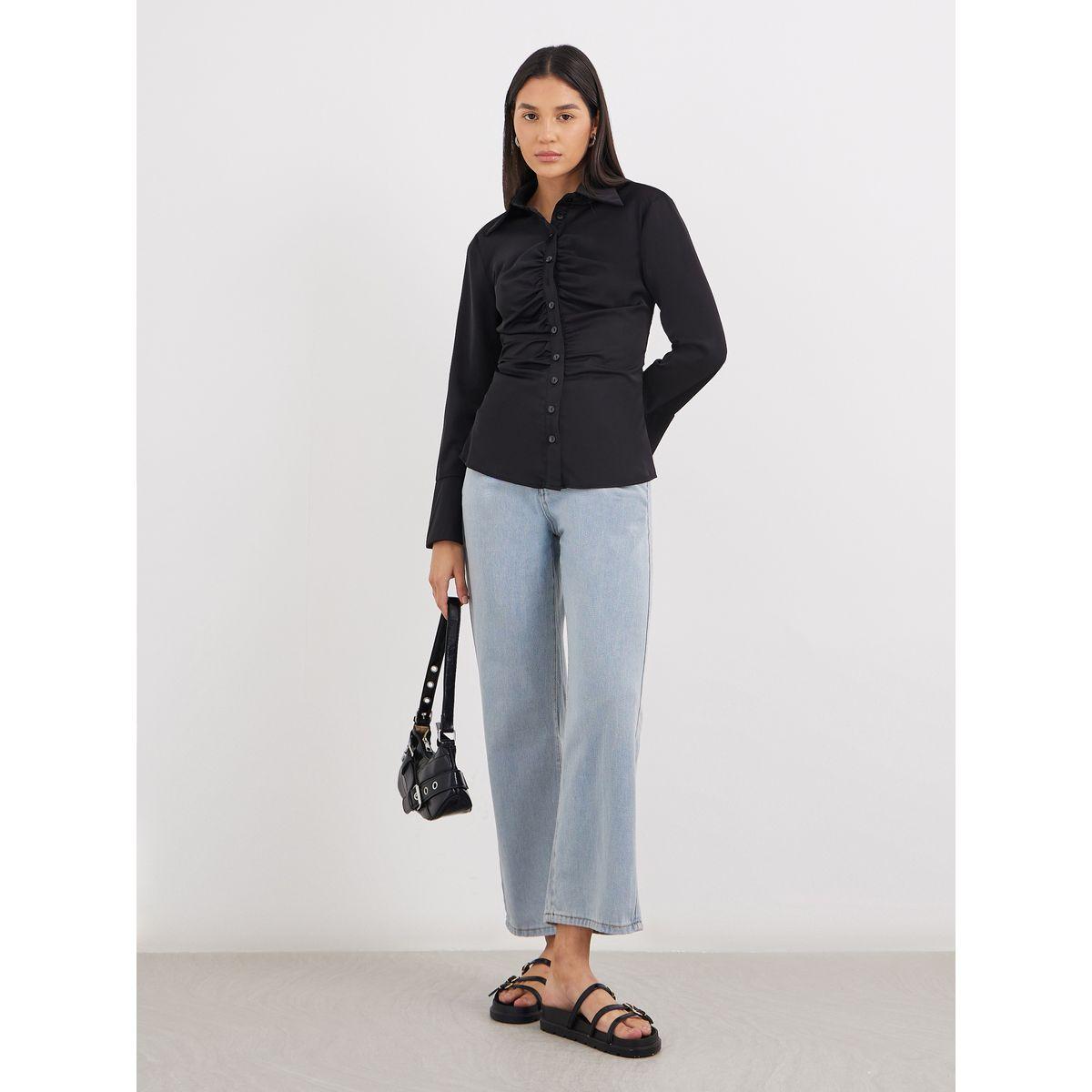 Styli Black Gathered Shirt with Bell Sleeve-women-clothing-shirtsandblouses-shirts-image-2