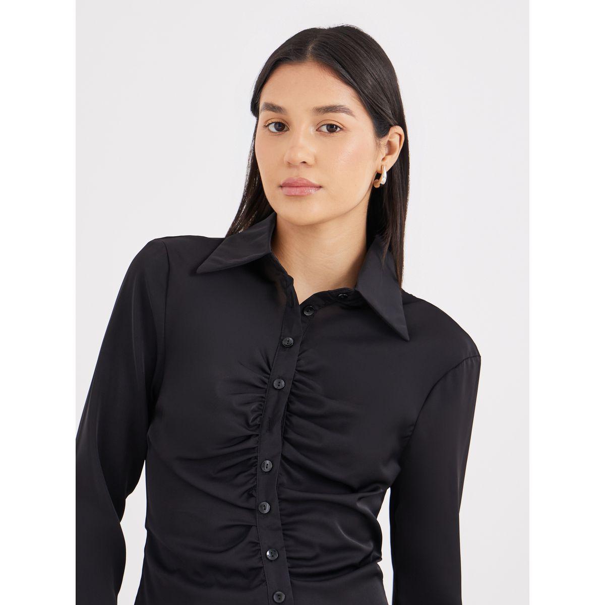 Styli Black Gathered Shirt with Bell Sleeve-women-clothing-shirtsandblouses-shirts-image-3