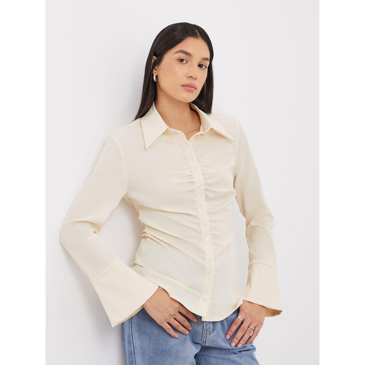 Styli Cream Gathered Shirt with Bell Sleeve-women-clothing-shirtsandblouses-shirts-image-1