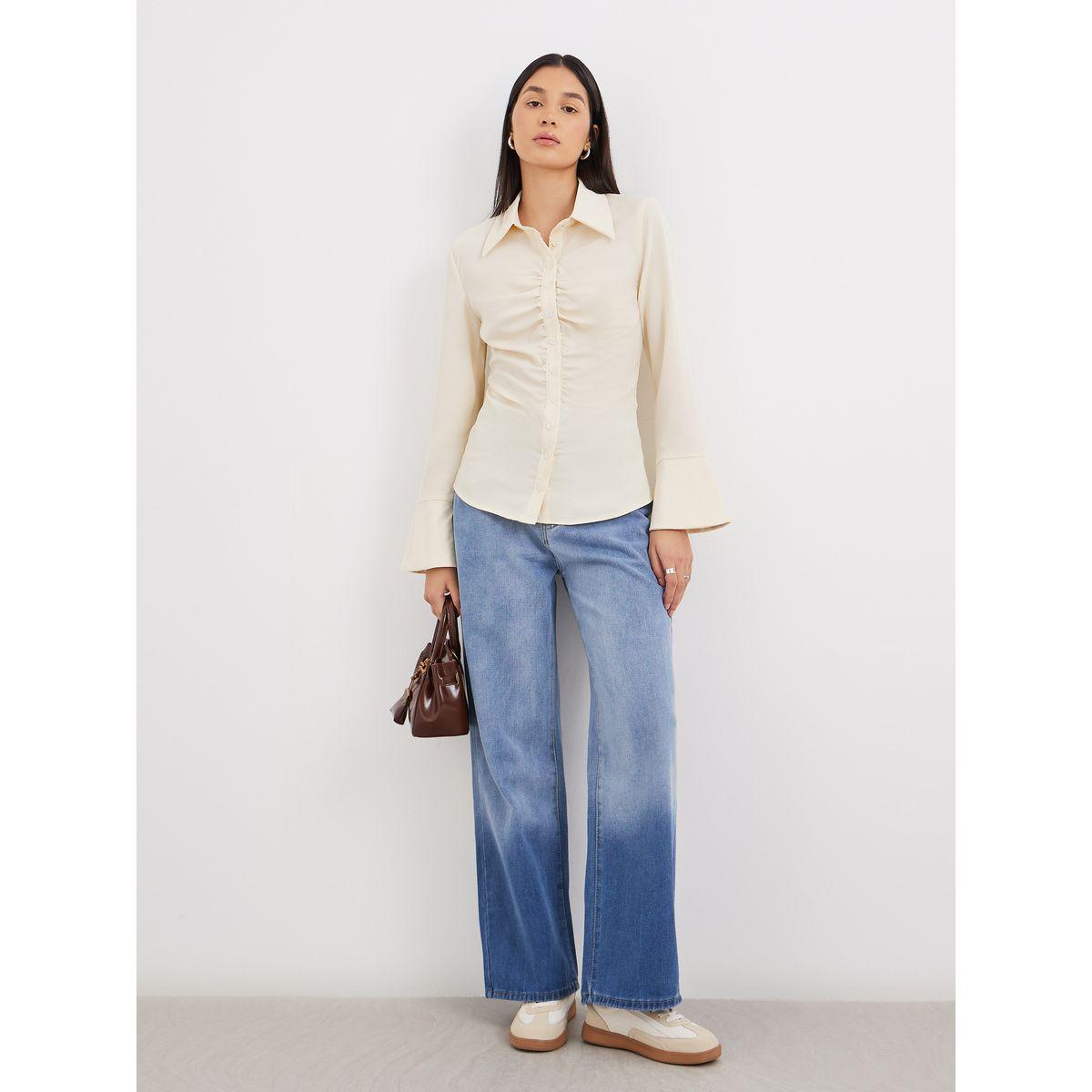 Styli Cream Gathered Shirt with Bell Sleeve-women-clothing-shirtsandblouses-shirts-image-2