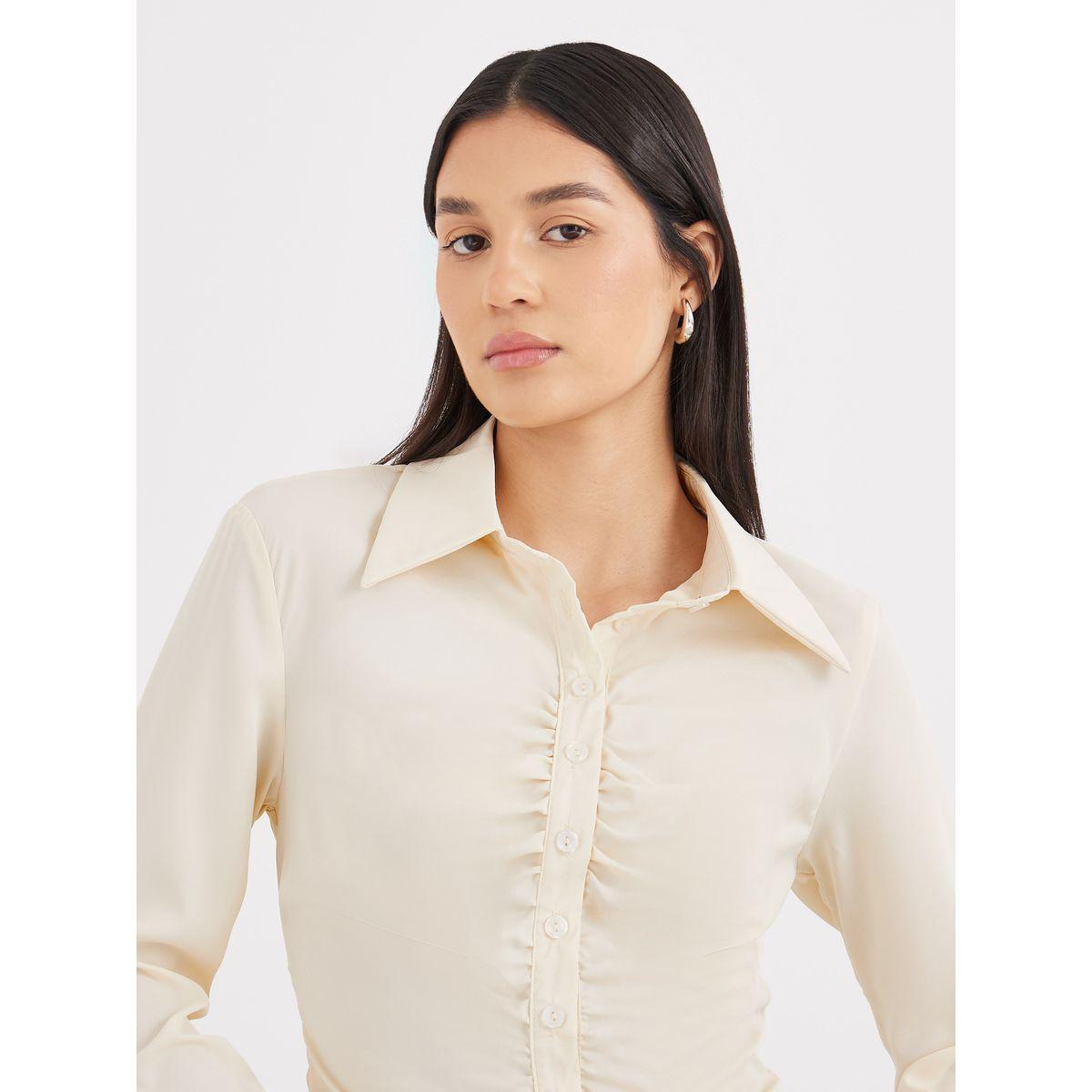 Styli Cream Gathered Shirt with Bell Sleeve-women-clothing-shirtsandblouses-shirts-image-3
