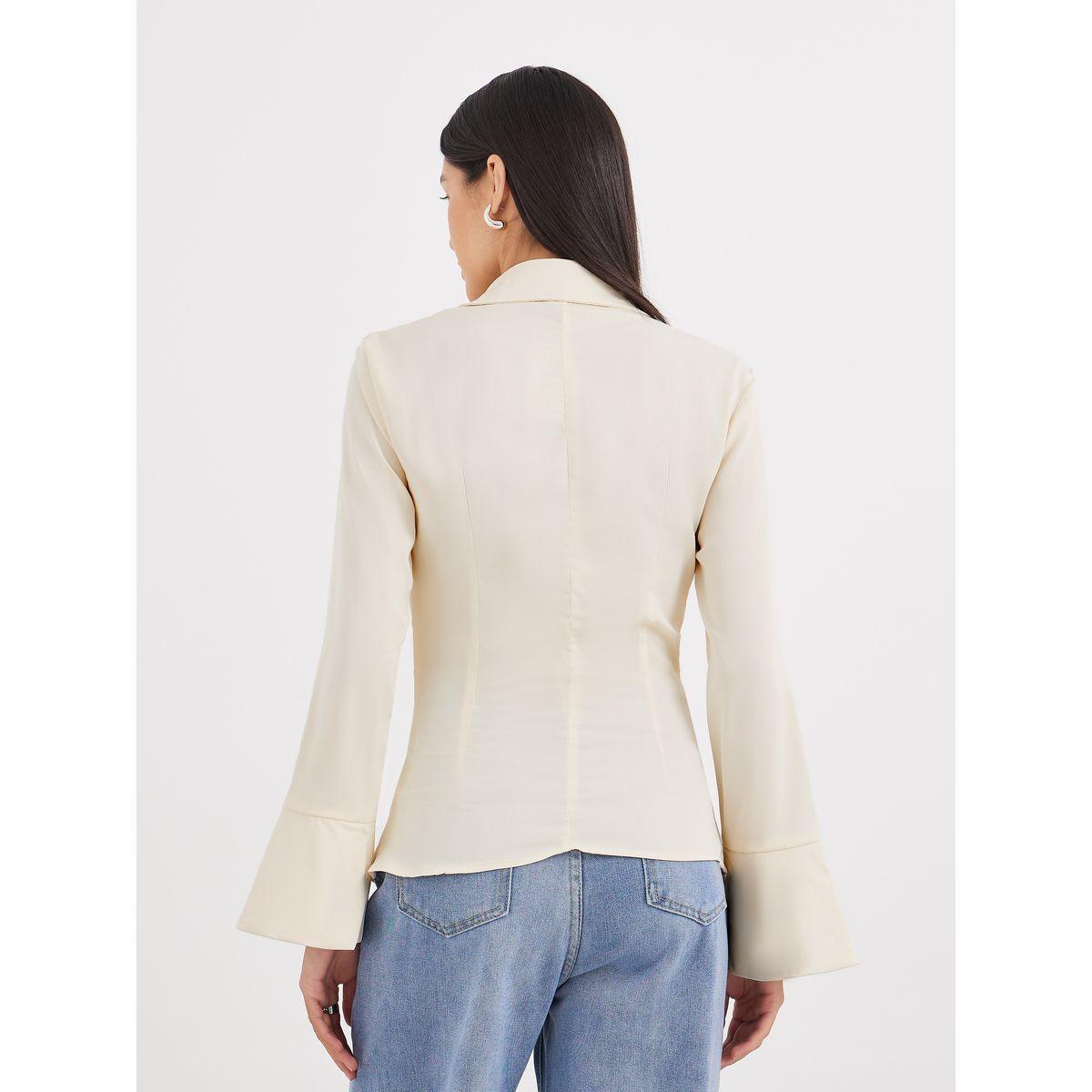 Styli Cream Gathered Shirt with Bell Sleeve-women-clothing-shirtsandblouses-shirts-image-4