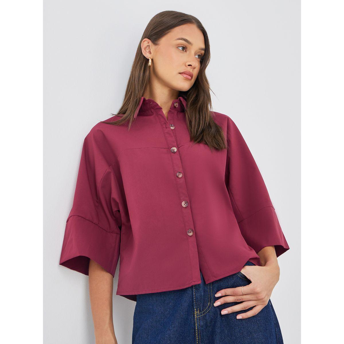 بلوزة بقصة بوكسي وياقة سبريد مع أزرار-women-clothing-shirtsandblouses-shirts-image-1