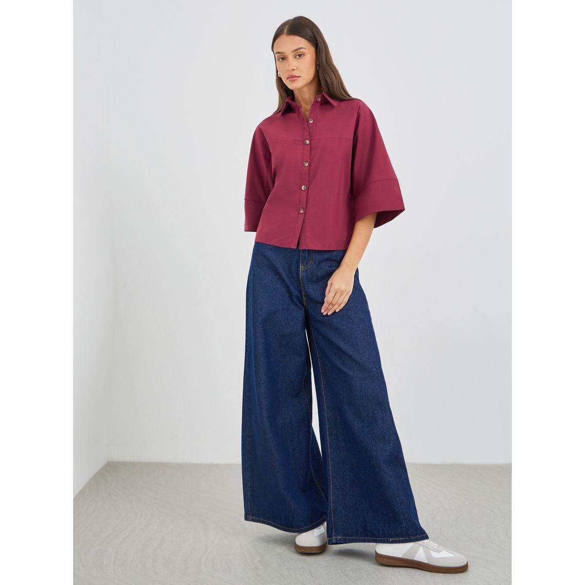 بلوزة بقصة بوكسي وياقة سبريد مع أزرار-women-clothing-shirtsandblouses-shirts-image-2