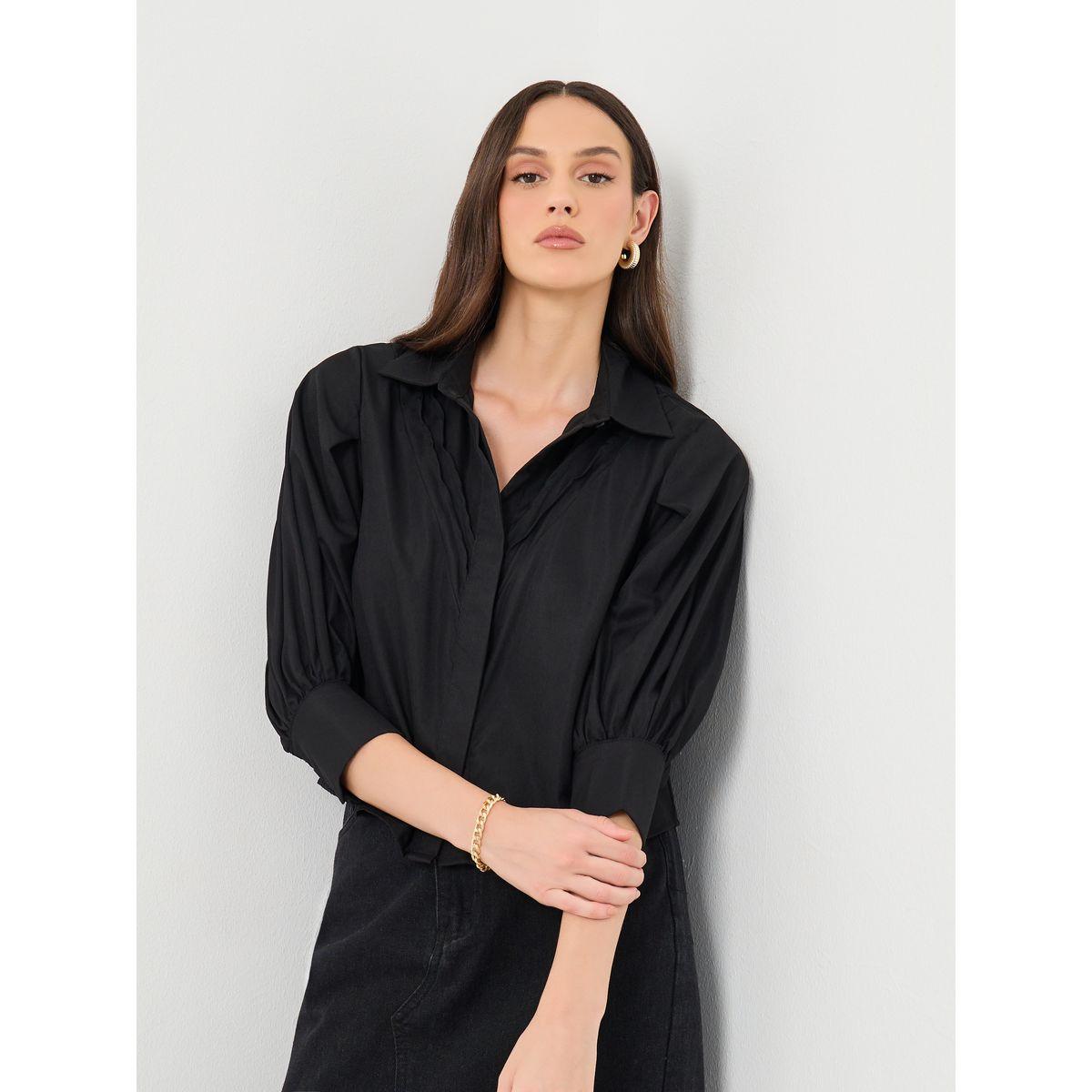 بلوزة بياقة مع تفاصيل مدروزة-women-clothing-shirtsandblouses-shirts-image-1