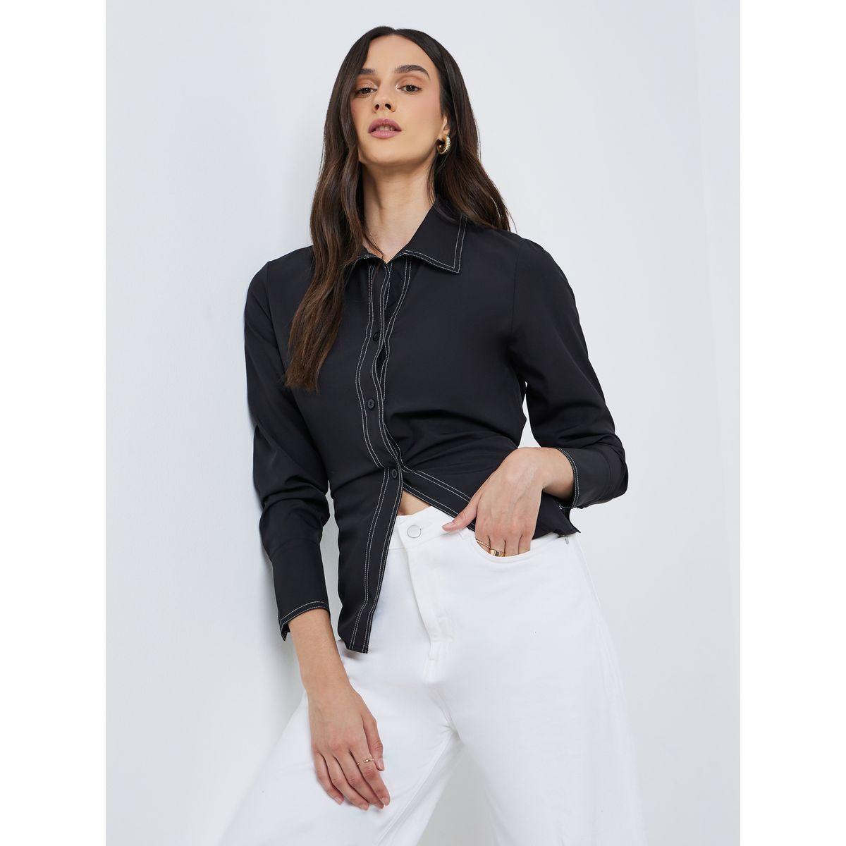 Styli Black Contrast Stitch Detail Regular Fit Shirt-women-clothing-shirtsandblouses-shirts-image-1