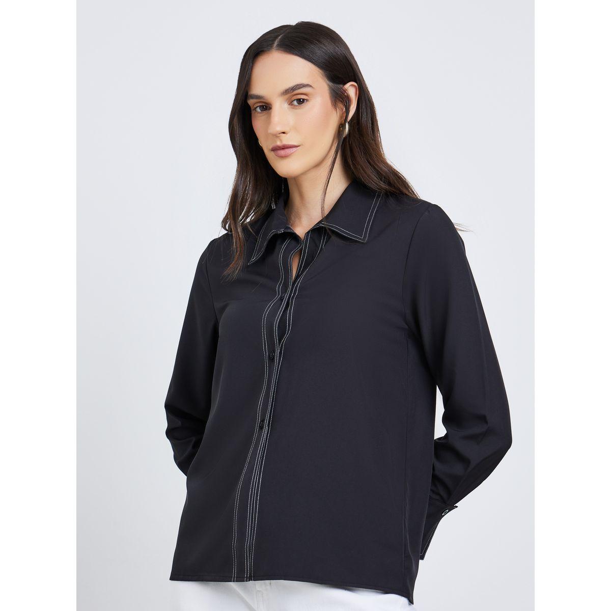 Styli Black Contrast Stitch Detail Regular Fit Shirt-women-clothing-shirtsandblouses-shirts-image-3