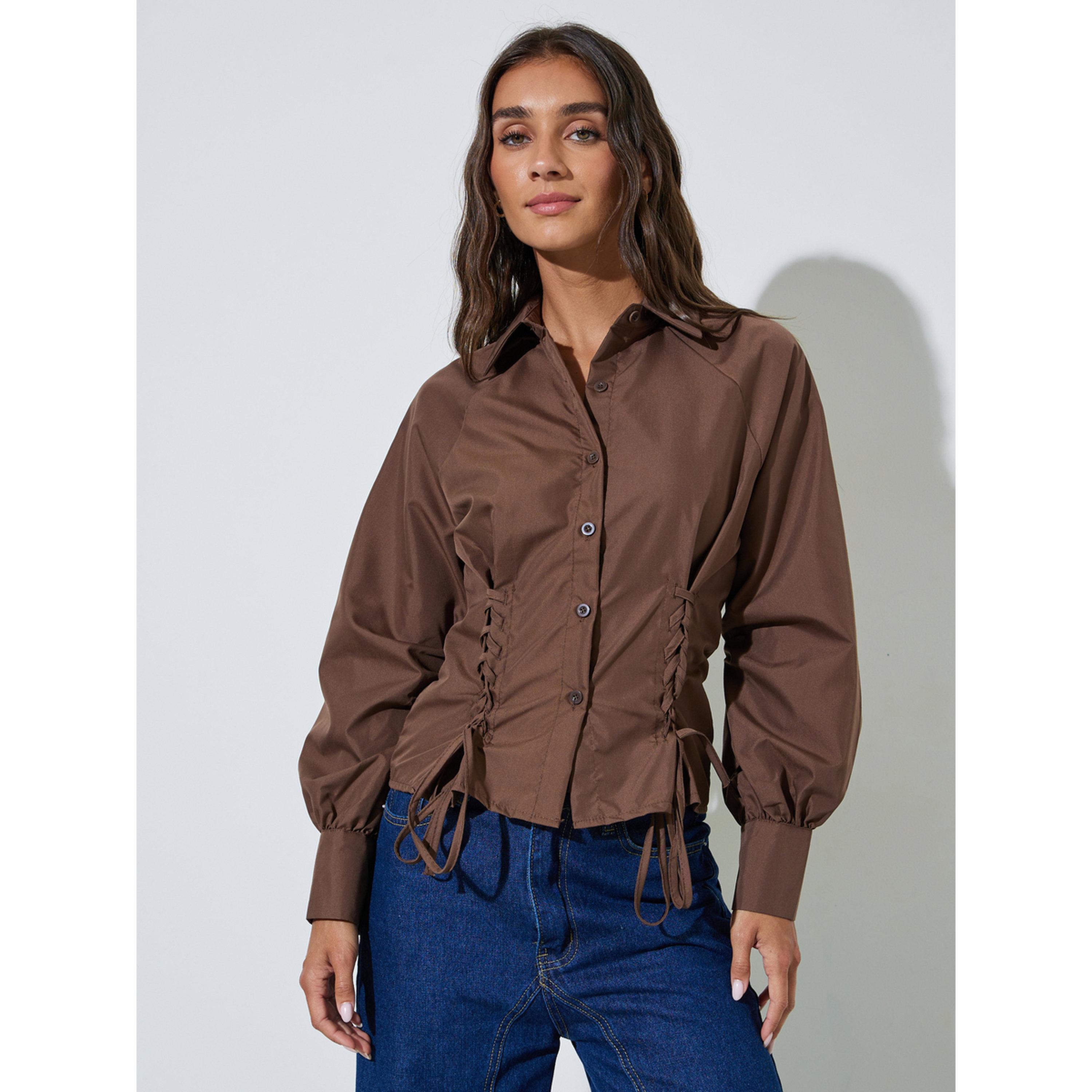 Styli Brown Lace Up Detail Raglan Sleeve Buttoned Shirt-women-clothing-shirtsandblouses-shirts-image-1