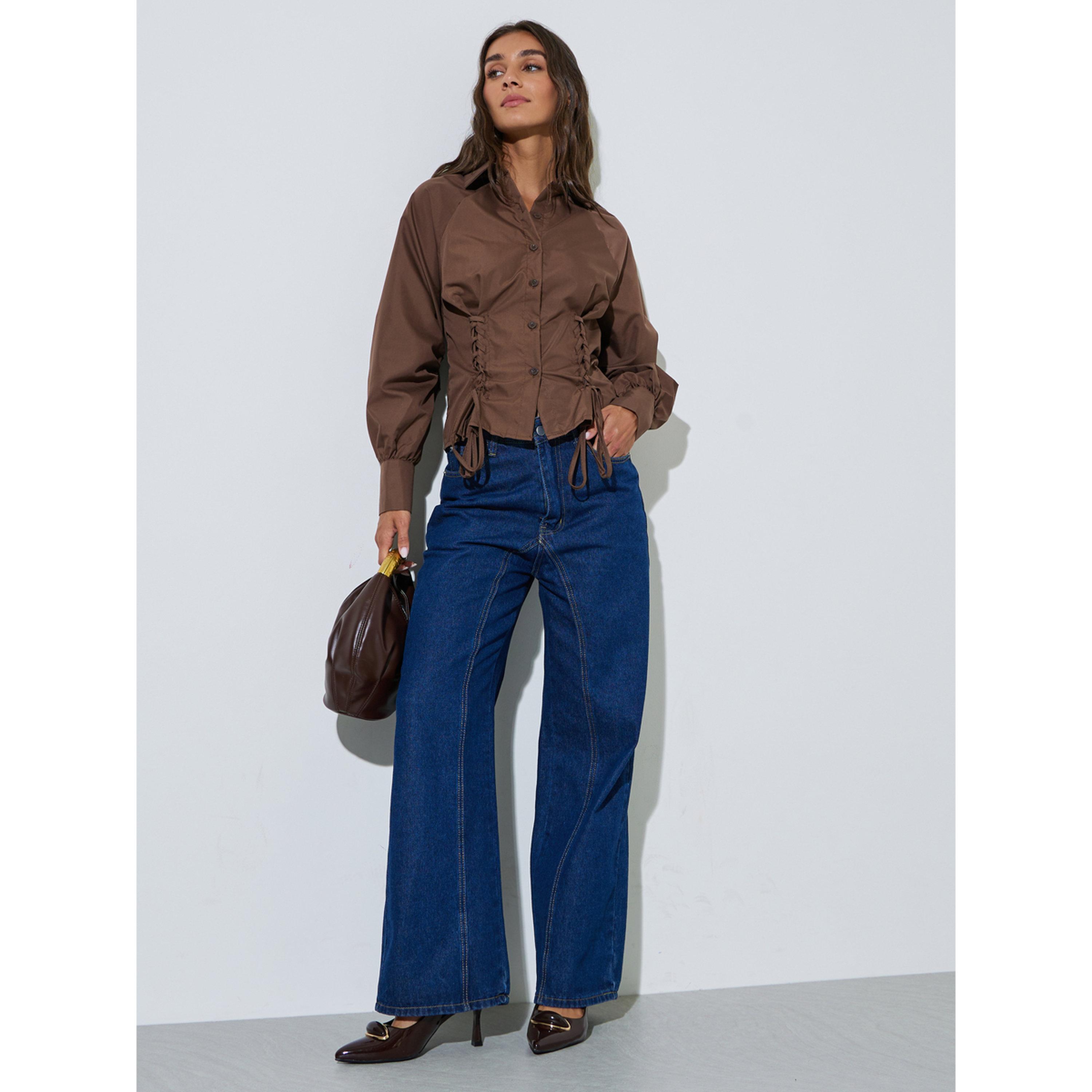 Styli Brown Lace Up Detail Raglan Sleeve Buttoned Shirt-women-clothing-shirtsandblouses-shirts-image-2