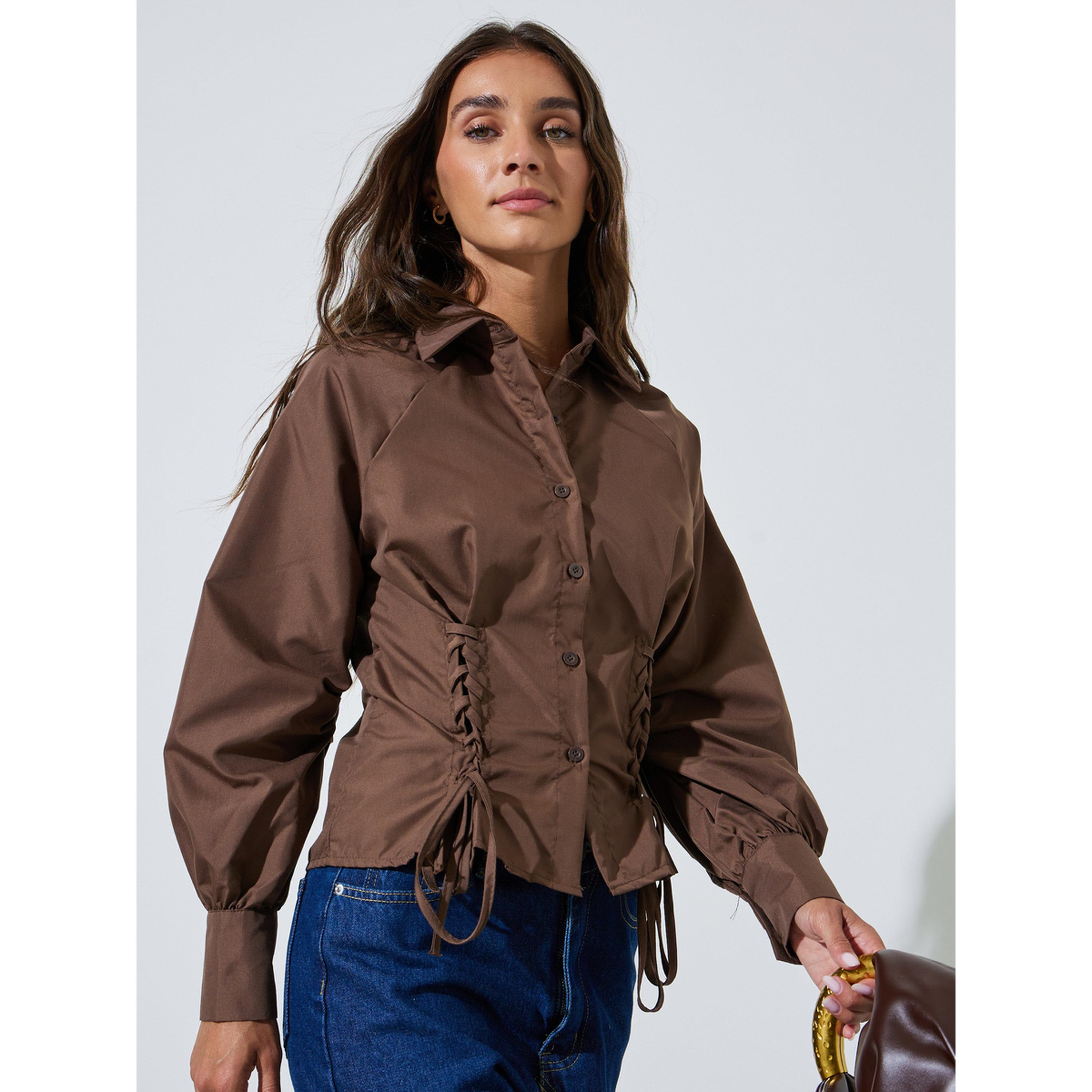 Styli Brown Lace Up Detail Raglan Sleeve Buttoned Shirt-women-clothing-shirtsandblouses-shirts-image-3