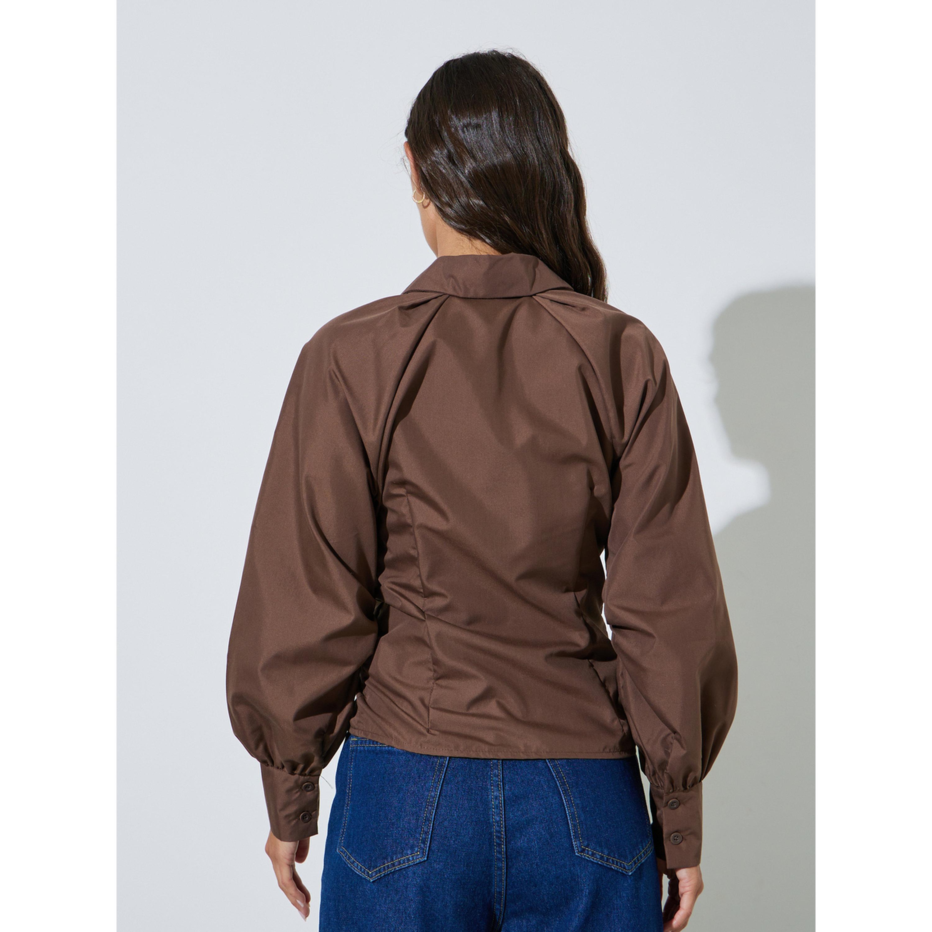 Styli Brown Lace Up Detail Raglan Sleeve Buttoned Shirt-women-clothing-shirtsandblouses-shirts-image-4