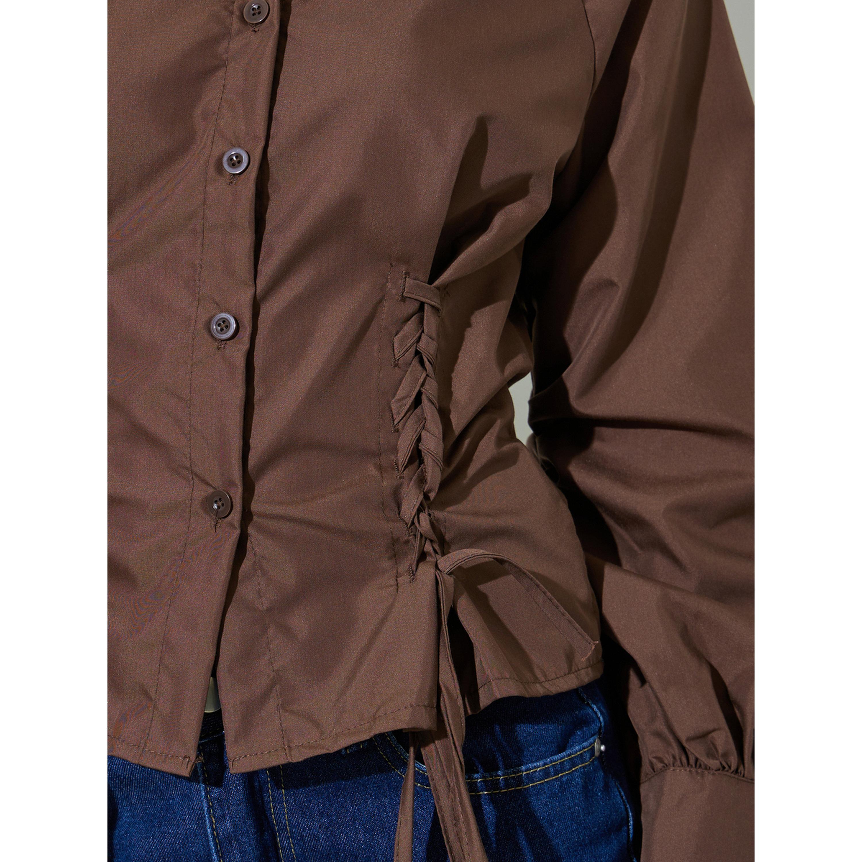 Styli Brown Lace Up Detail Raglan Sleeve Buttoned Shirt-women-clothing-shirtsandblouses-shirts-image-5