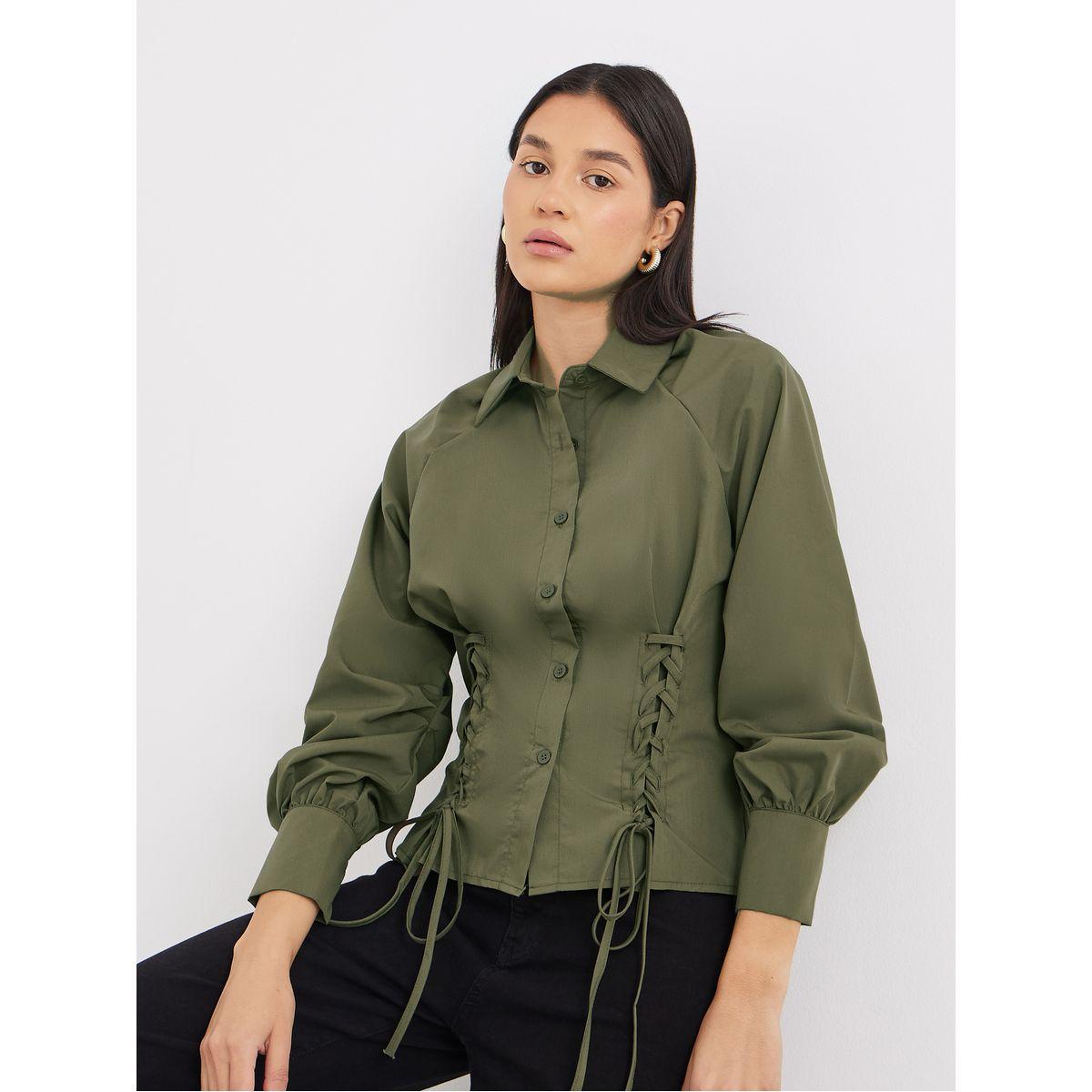 Styli Lace Up Detail Raglan Sleeve Buttoned Shirt-women-clothing-shirtsandblouses-shirts-image-1