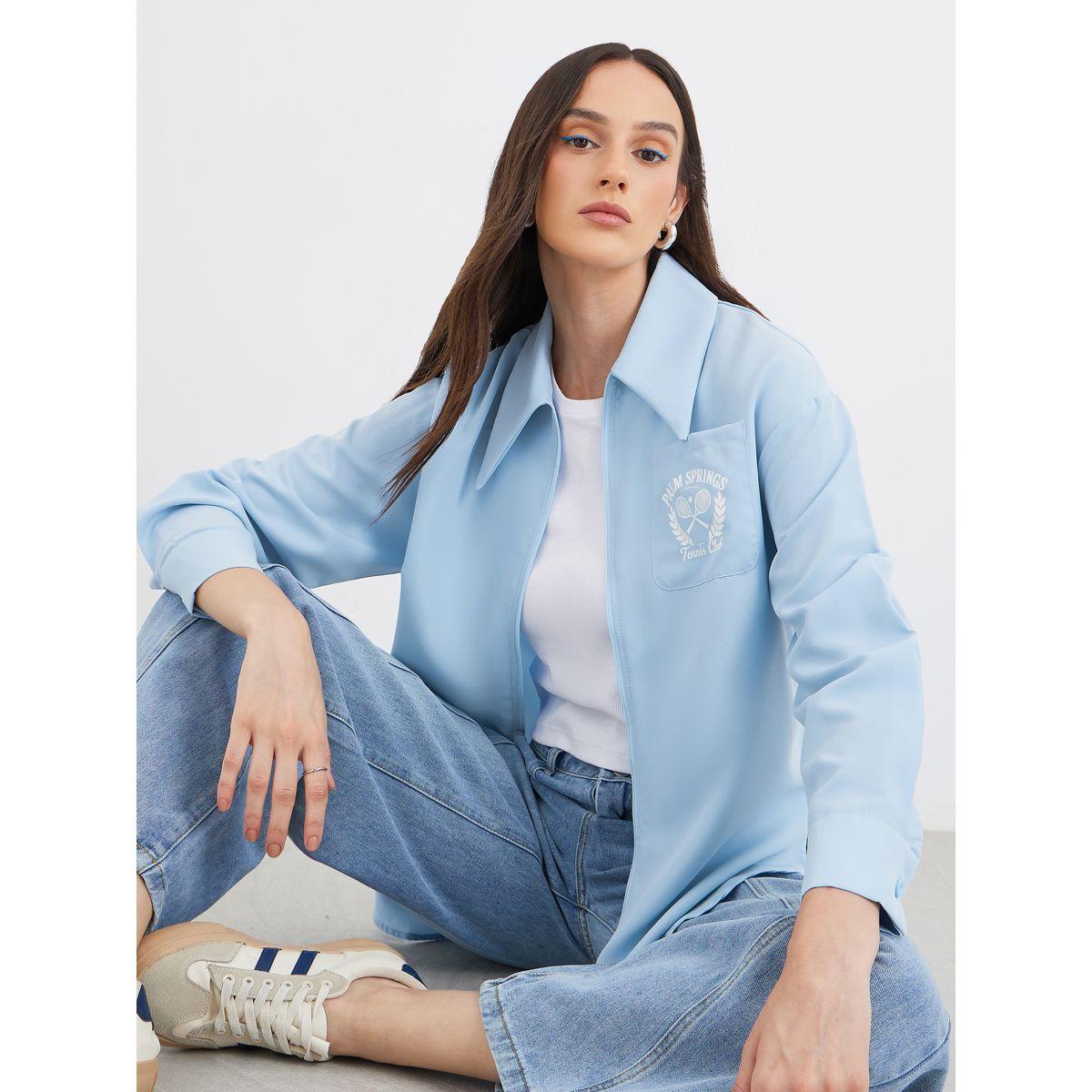 Styli Blue Printed Chest Pocket Zipped Oversized Shirt-women-clothing-shirtsandblouses-shirts-image-1