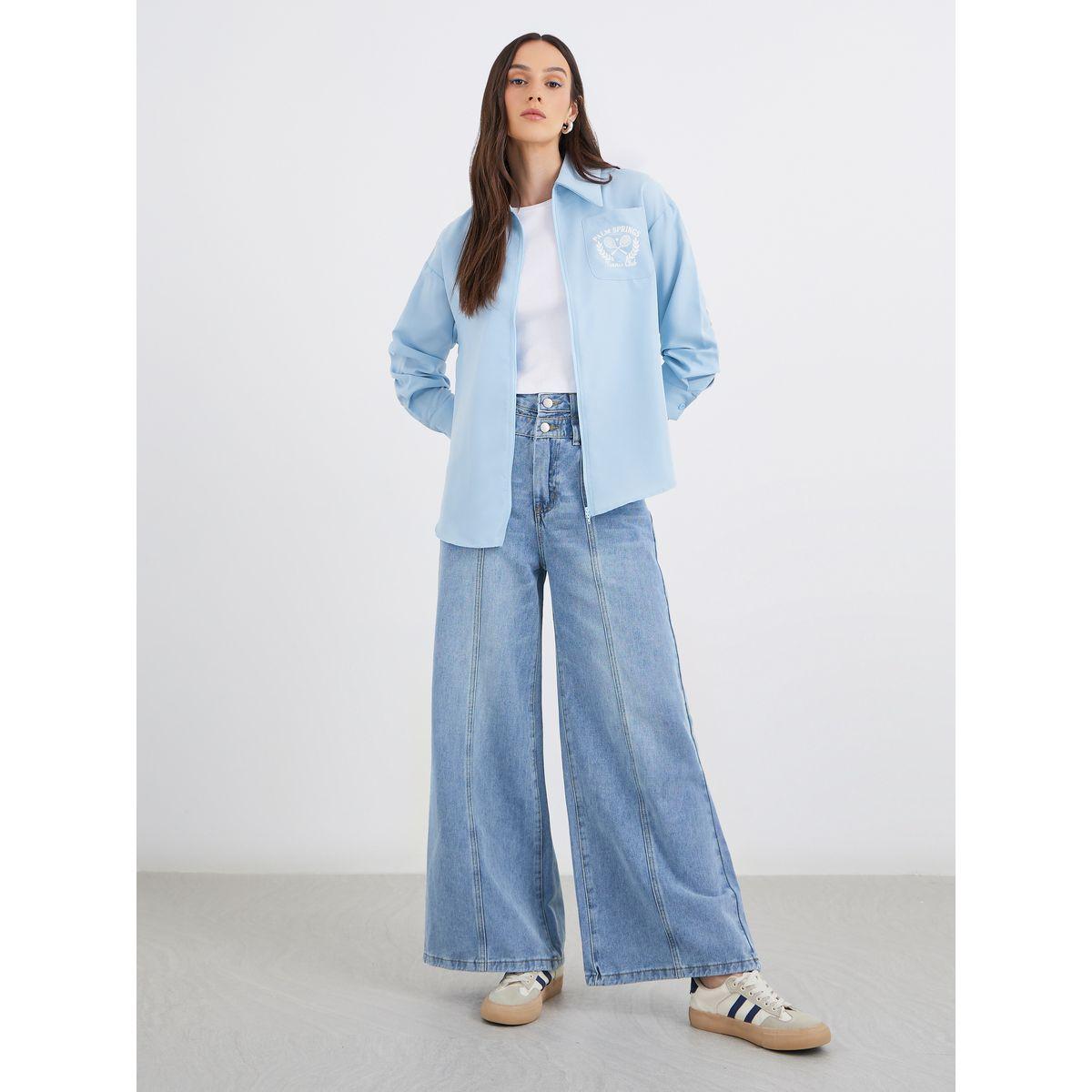 Styli Blue Printed Chest Pocket Zipped Oversized Shirt-women-clothing-shirtsandblouses-shirts-image-2