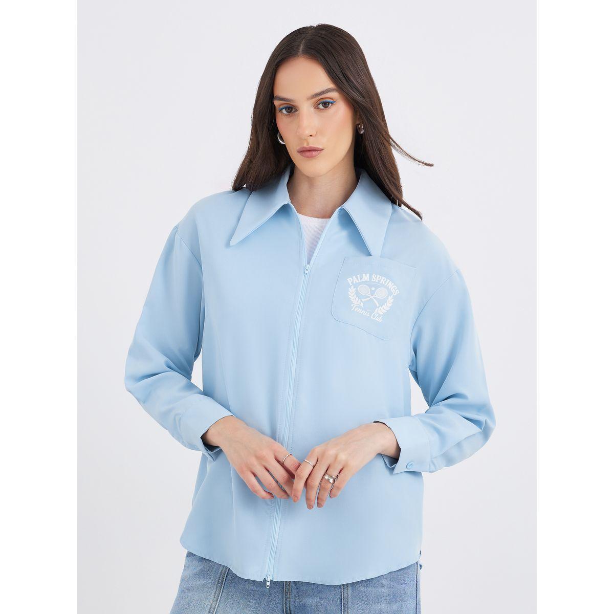 Styli Blue Printed Chest Pocket Zipped Oversized Shirt-women-clothing-shirtsandblouses-shirts-image-3
