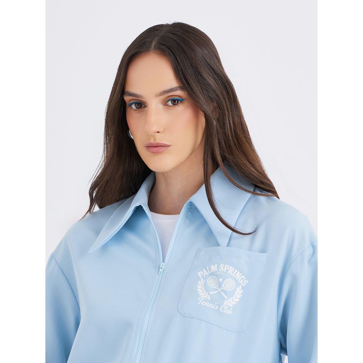 Styli Blue Printed Chest Pocket Zipped Oversized Shirt-women-clothing-shirtsandblouses-shirts-image-4