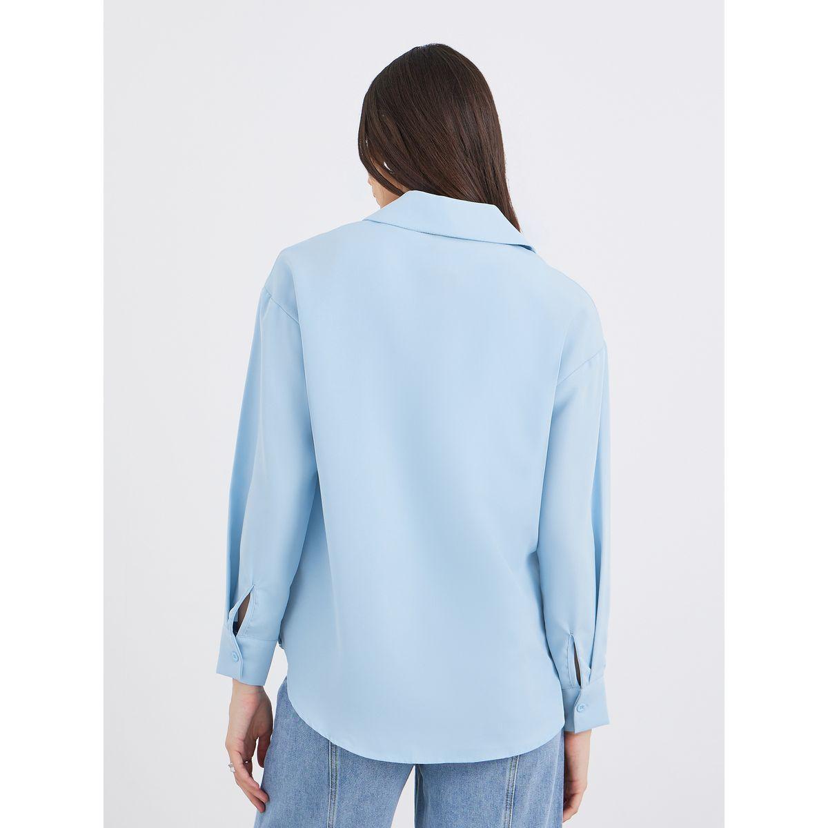 Styli Blue Printed Chest Pocket Zipped Oversized Shirt-women-clothing-shirtsandblouses-shirts-image-5