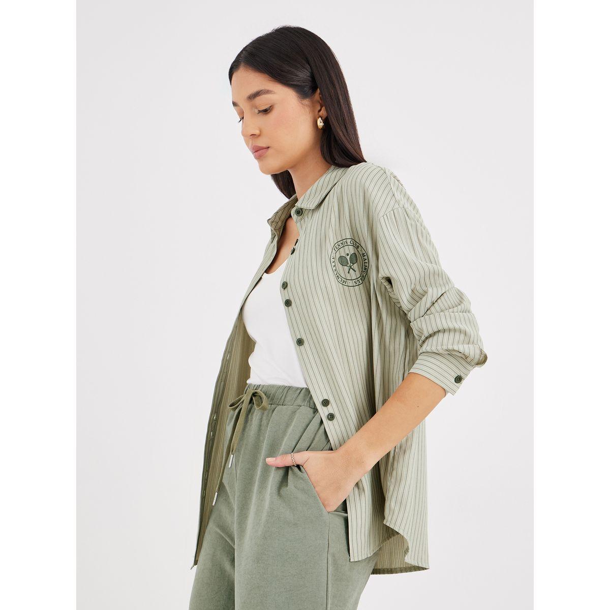 Styli Green Striped Double Button Oversized Shirt-women-clothing-shirtsandblouses-shirts-image-1
