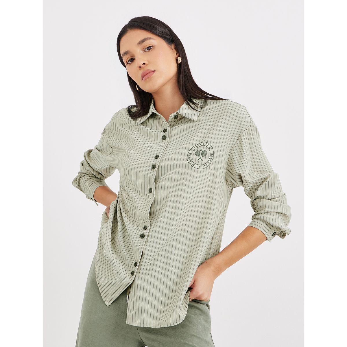 Styli Green Striped Double Button Oversized Shirt-women-clothing-shirtsandblouses-shirts-image-2