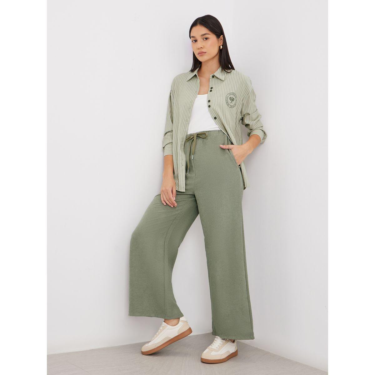 Styli Green Striped Double Button Oversized Shirt-women-clothing-shirtsandblouses-shirts-image-3