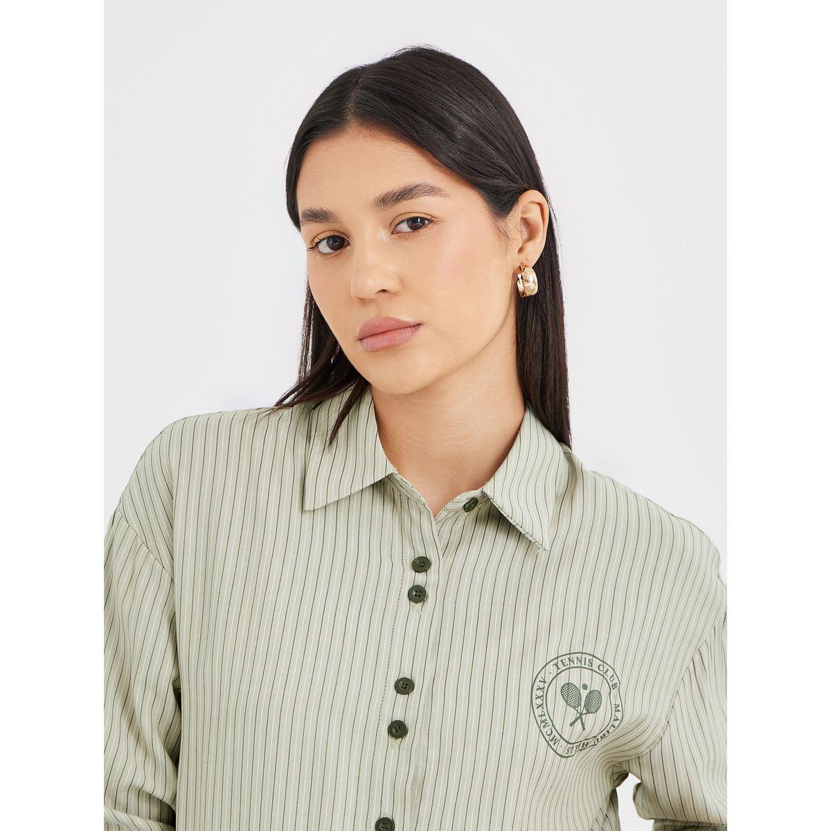 Styli Green Striped Double Button Oversized Shirt-women-clothing-shirtsandblouses-shirts-image-4