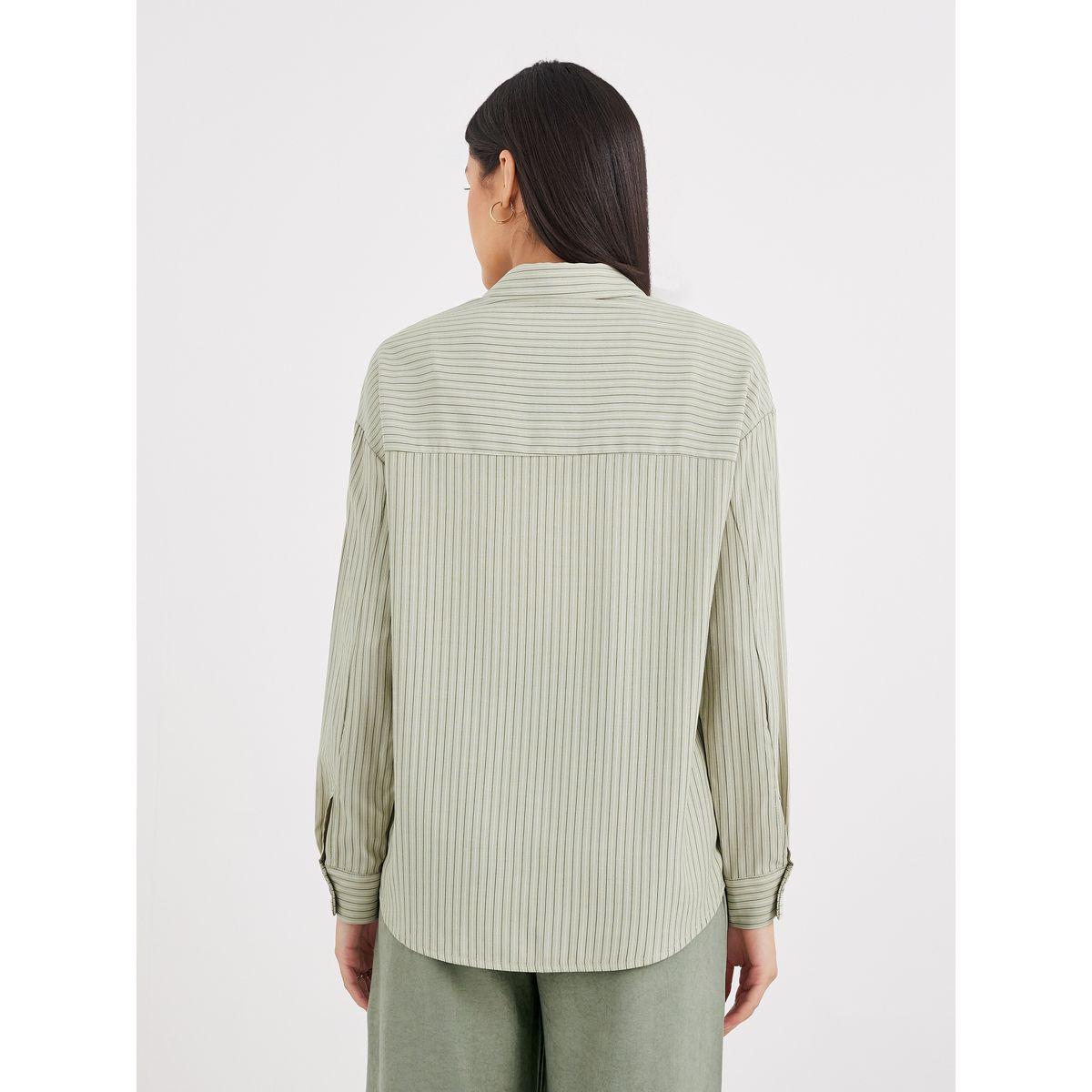 Styli Green Striped Double Button Oversized Shirt-women-clothing-shirtsandblouses-shirts-image-5