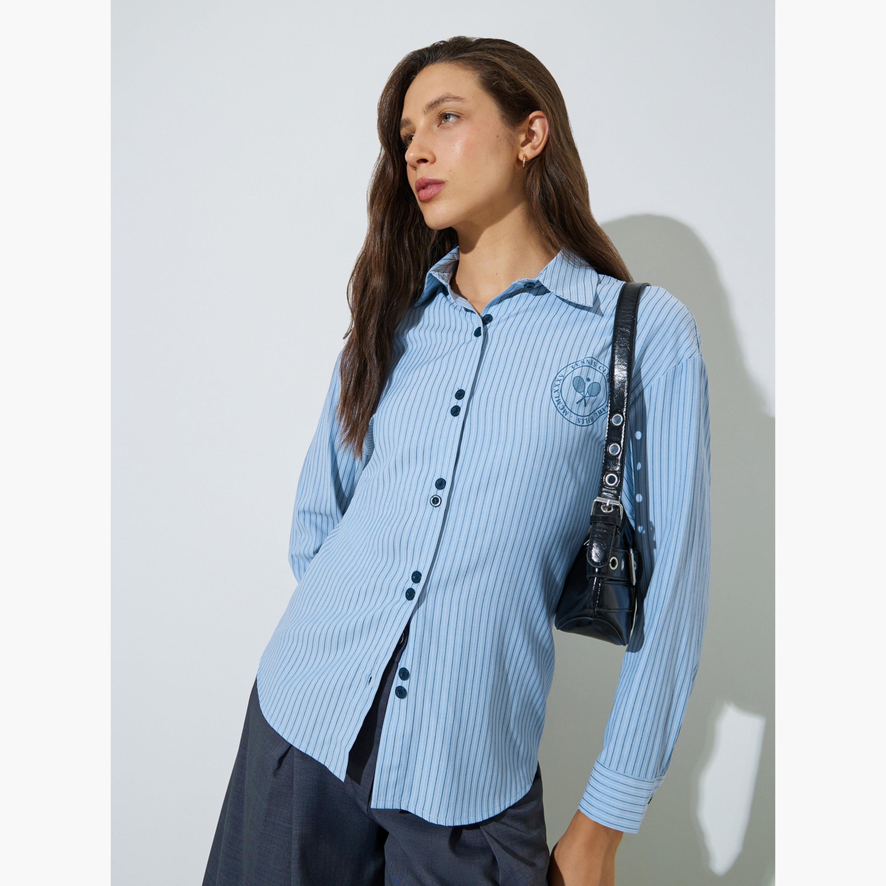 ستايلي - قميص أزرق مخطط بأكمام طويلة وأزرار مزدوجة-women-clothing-shirtsandblouses-shirts-image-1