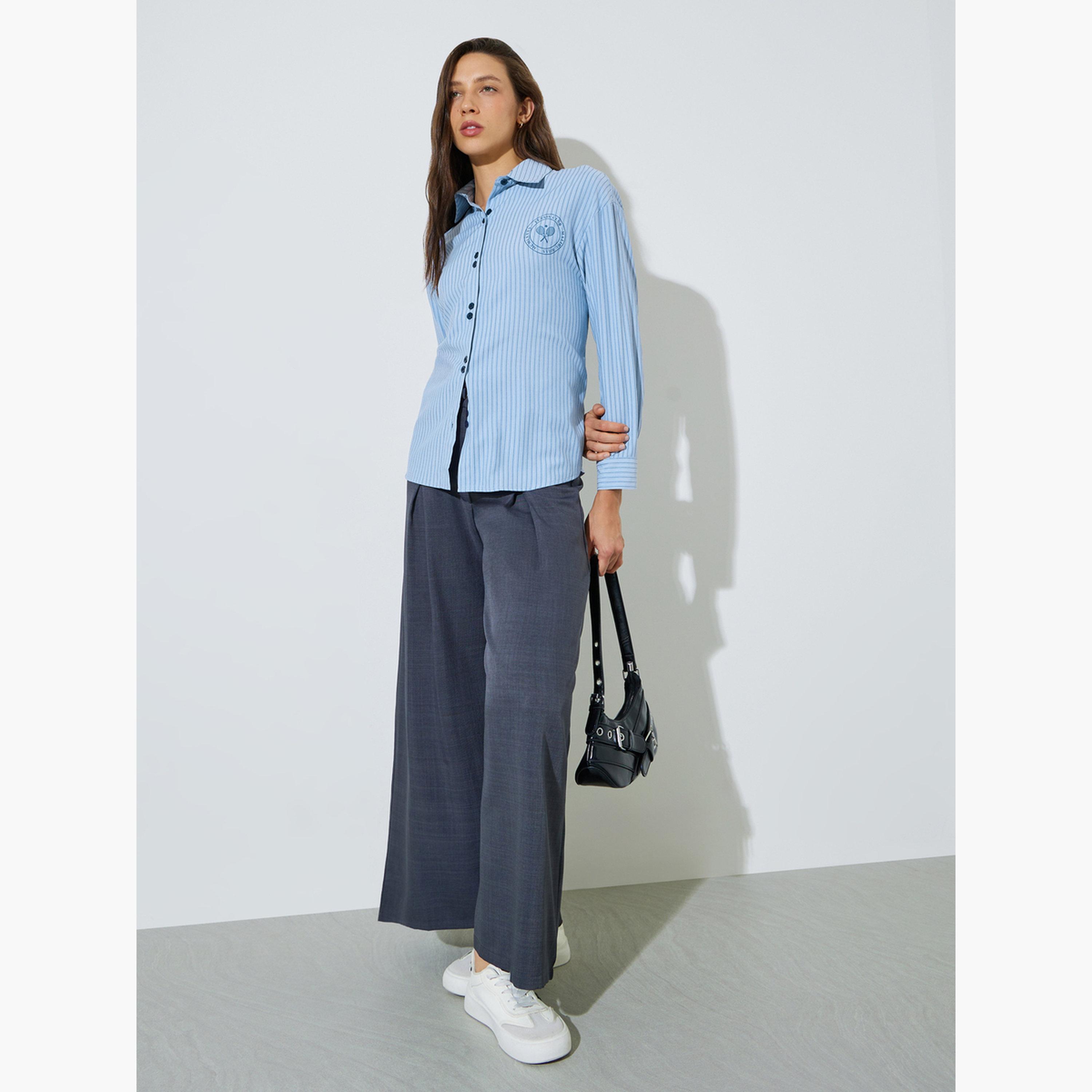 ستايلي - قميص أزرق مخطط بأكمام طويلة وأزرار مزدوجة-women-clothing-shirtsandblouses-shirts-image-2