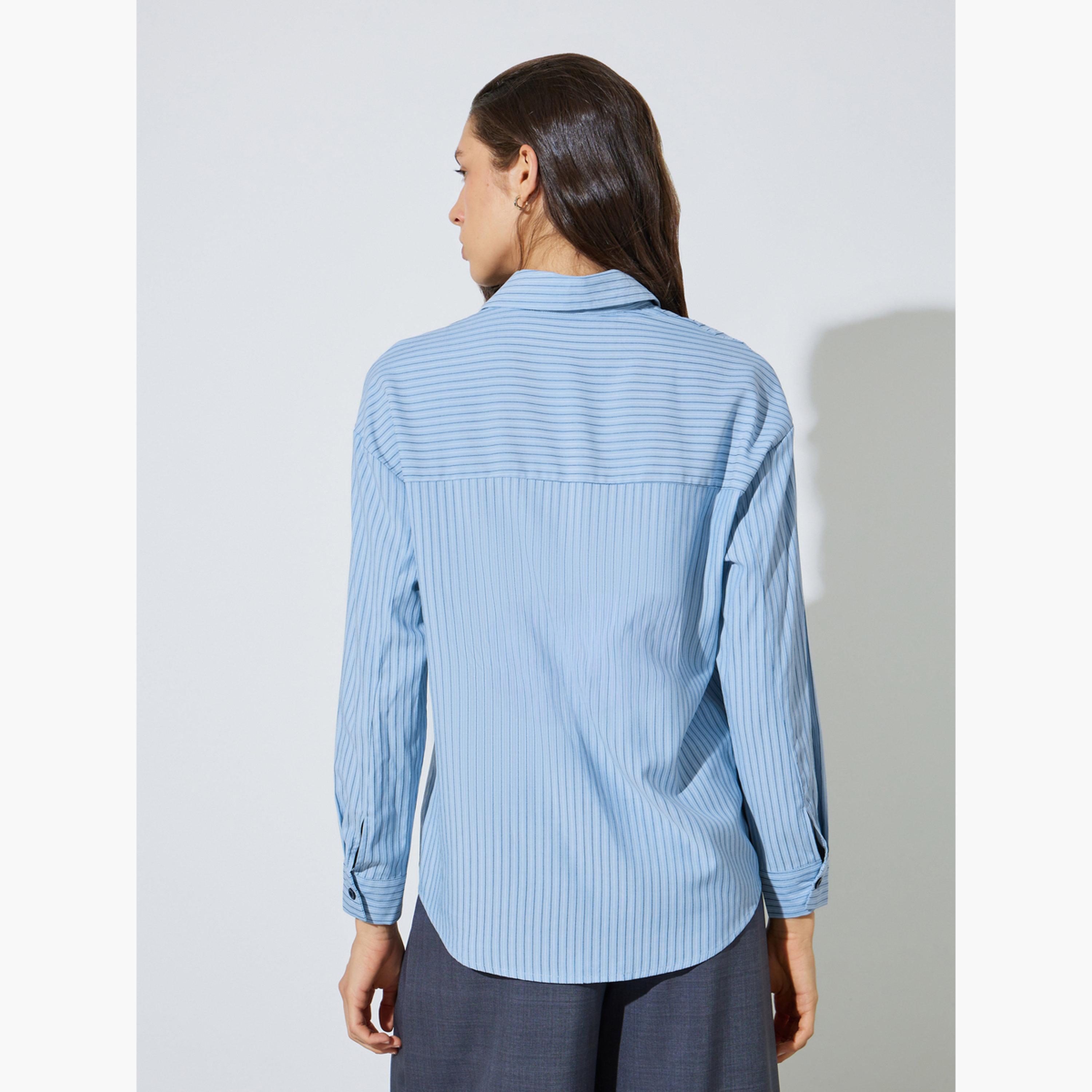 ستايلي - قميص أزرق مخطط بأكمام طويلة وأزرار مزدوجة-women-clothing-shirtsandblouses-shirts-image-3