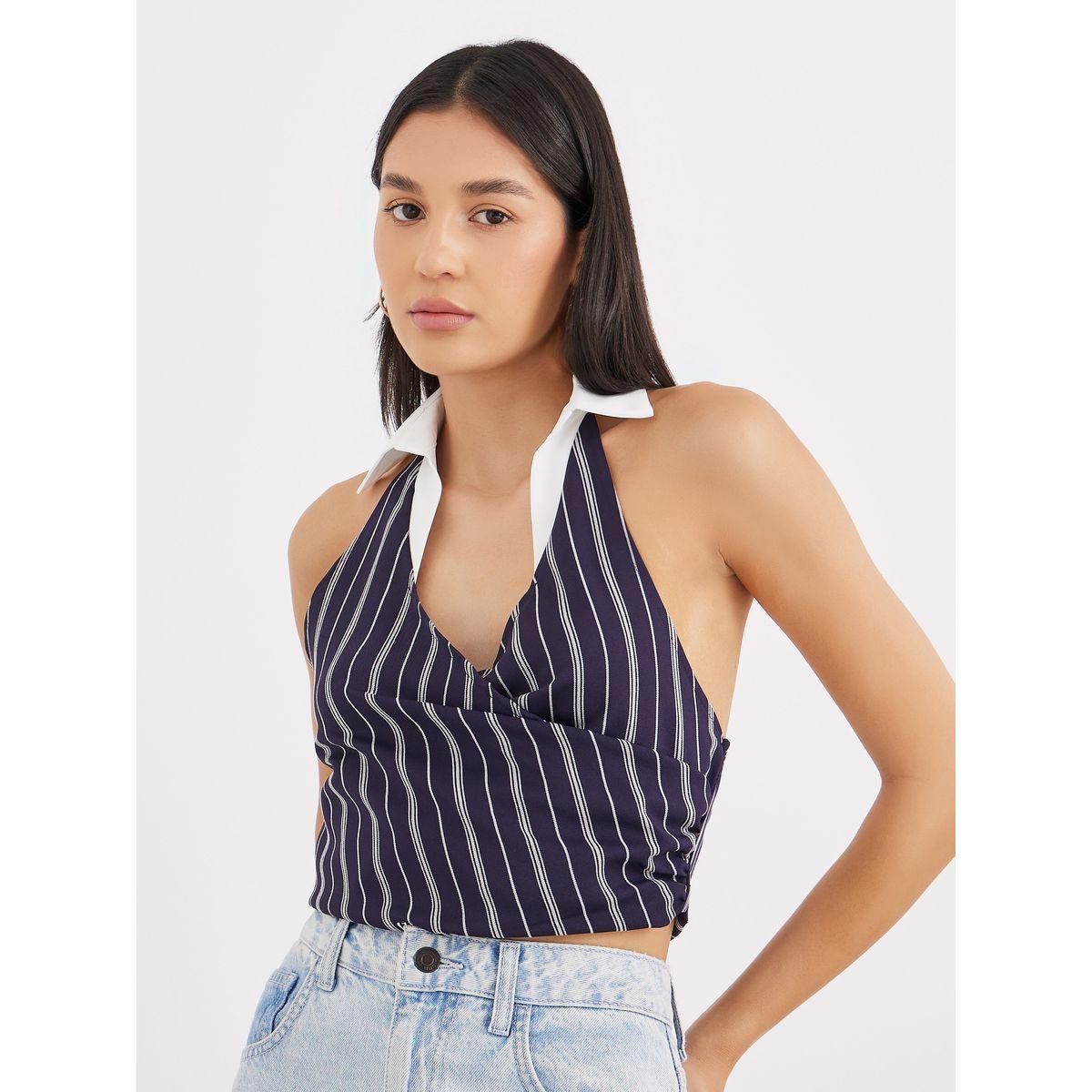 Styli Navy Blue Striped Halter Top with Collar-women-clothing-shirtsandblouses-shirts-image-1