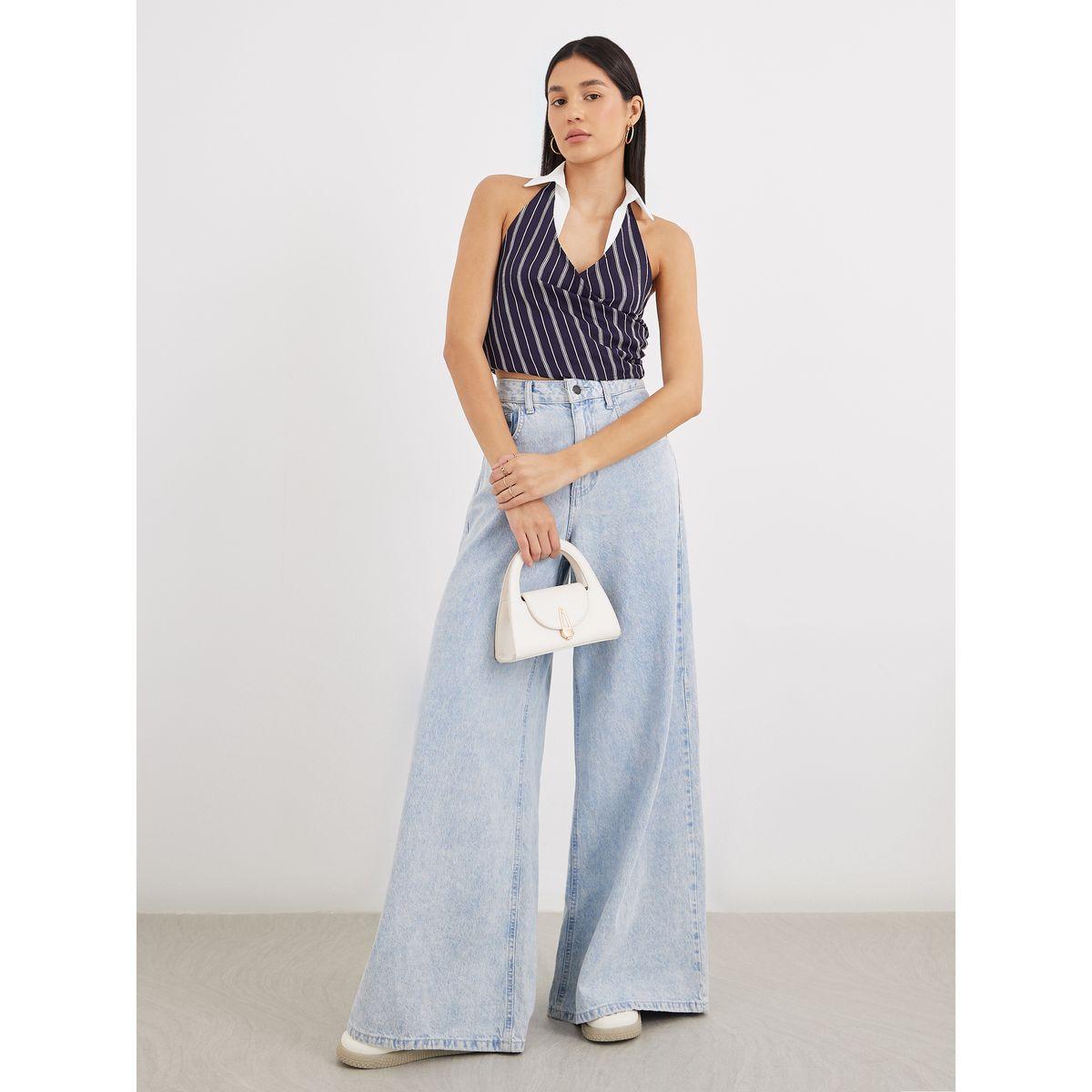 Styli Navy Blue Striped Halter Top with Collar-women-clothing-shirtsandblouses-shirts-image-2