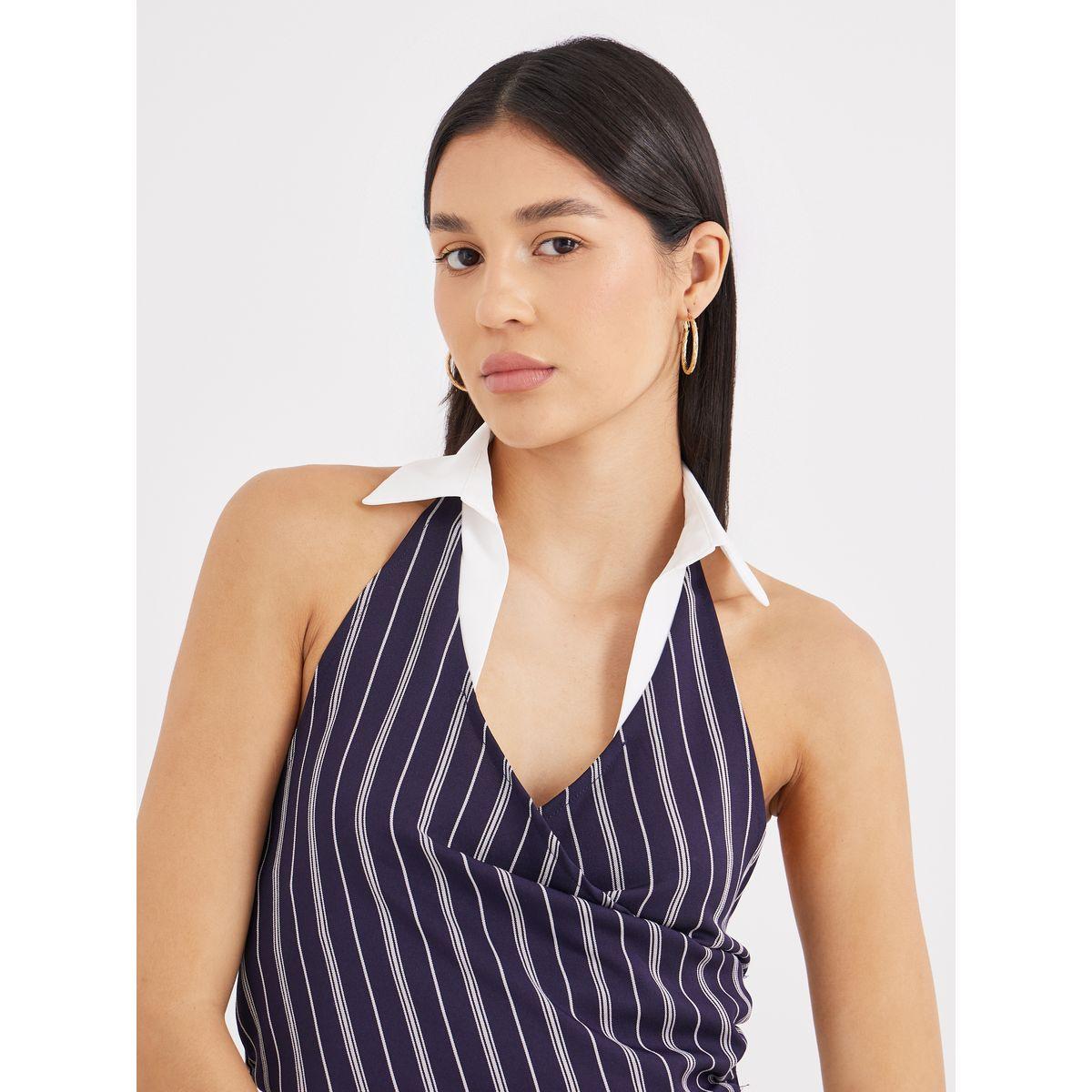 Styli Navy Blue Striped Halter Top with Collar-women-clothing-shirtsandblouses-shirts-image-3