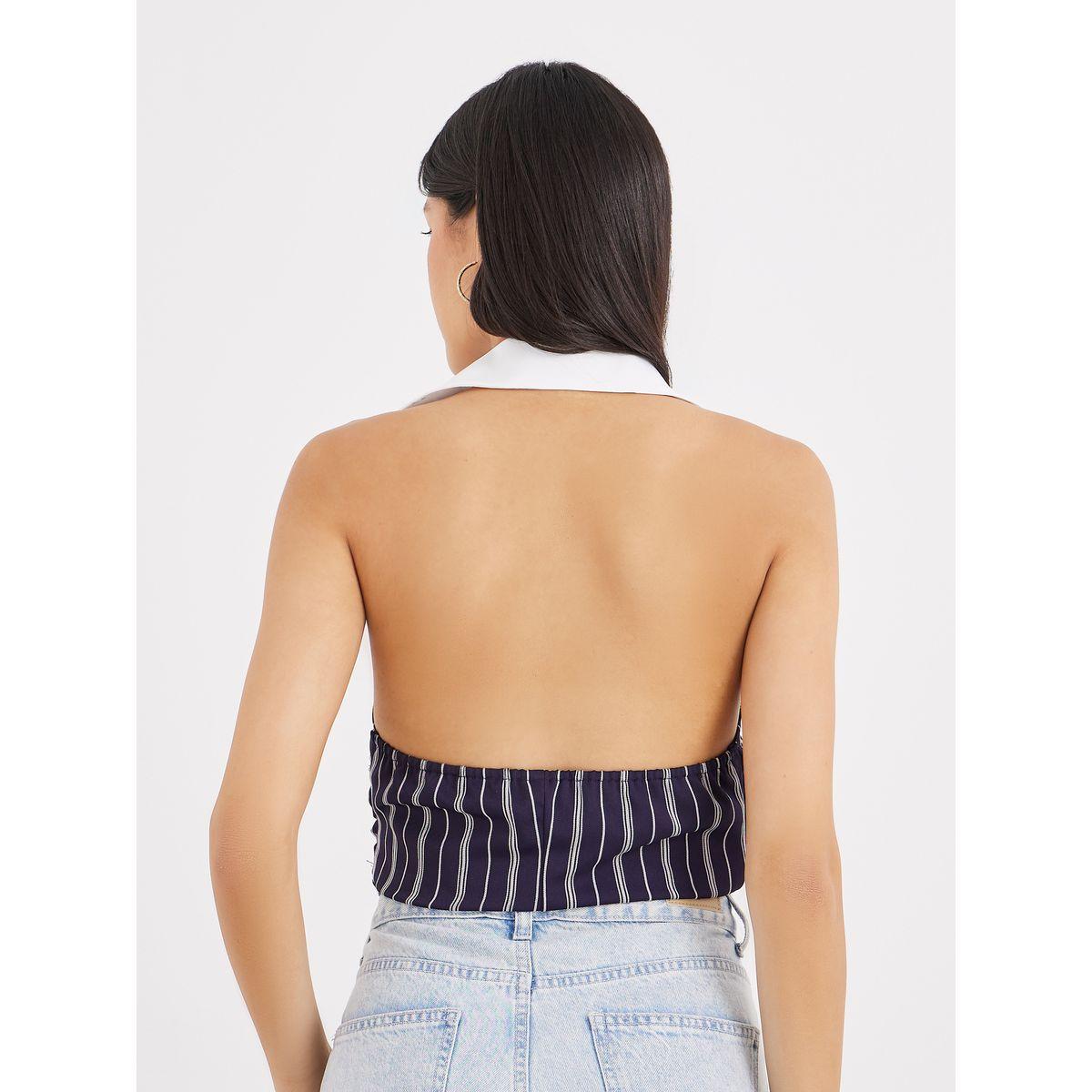 Styli Navy Blue Striped Halter Top with Collar-women-clothing-shirtsandblouses-shirts-image-4