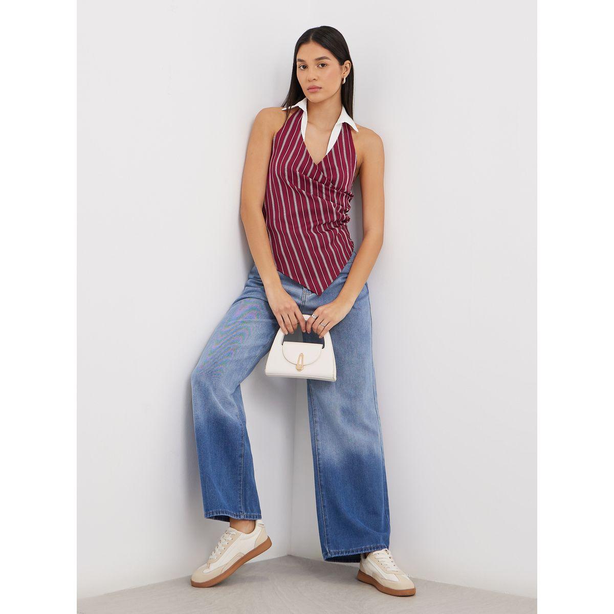 Styli Burgundy Striped Halter Top with Collar-women-clothing-shirtsandblouses-shirts-image-2