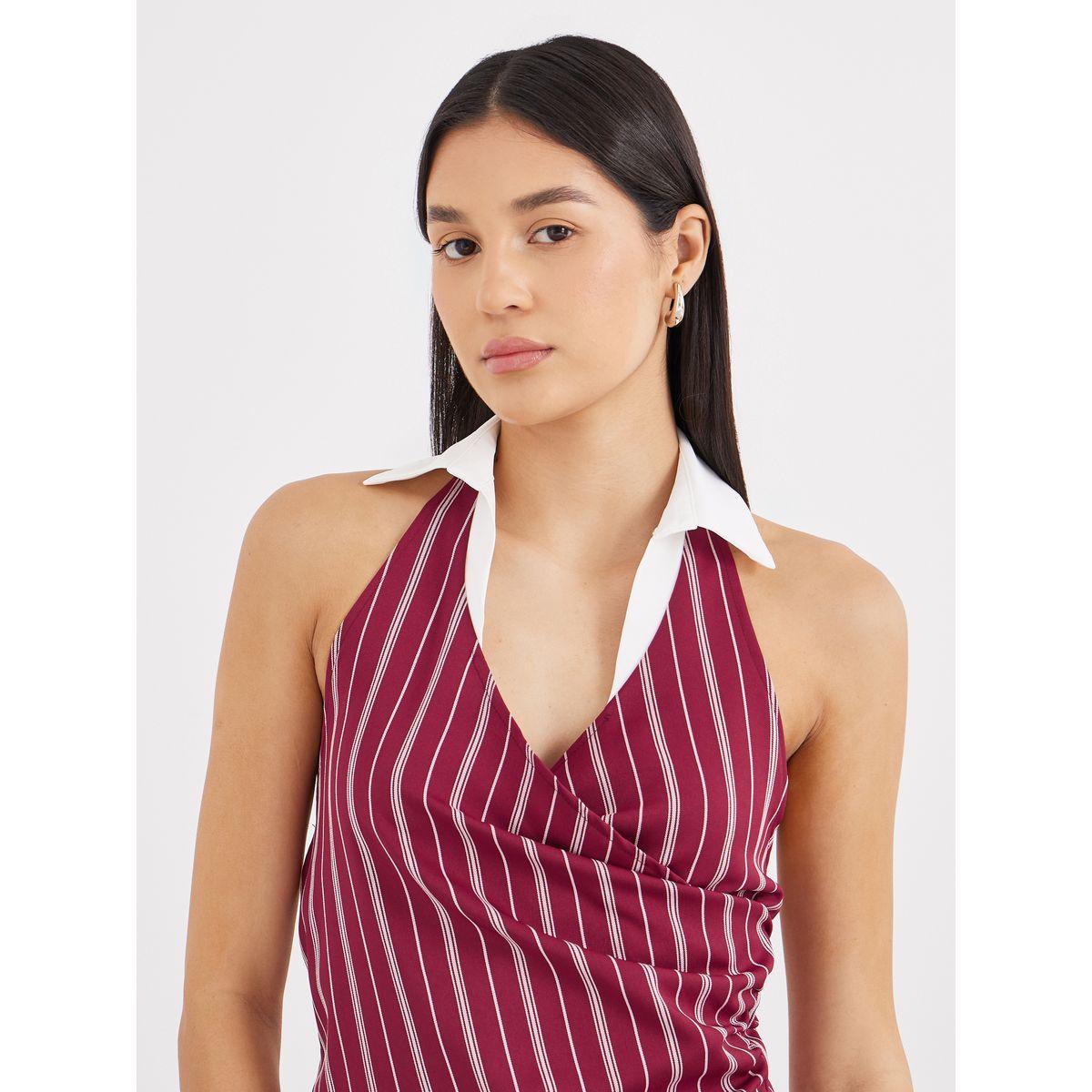 Styli Burgundy Striped Halter Top with Collar-women-clothing-shirtsandblouses-shirts-image-3