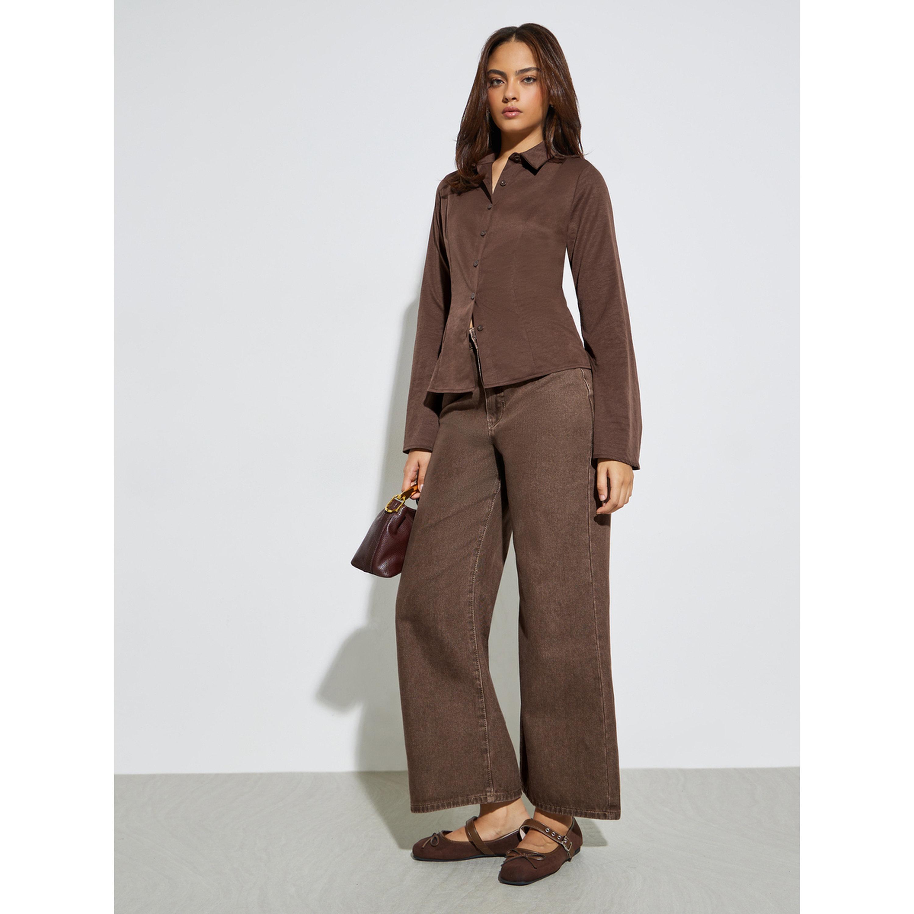 Styli Brown Fitted Long Sleeve Shirt-women-clothing-shirtsandblouses-shirts-image-2