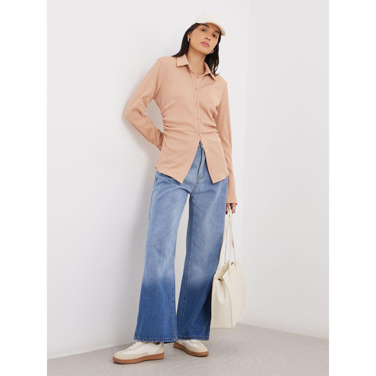 Styli Women Beige Ribbed Fitted Longline Shirt-women-clothing-shirtsandblouses-shirts-image-2