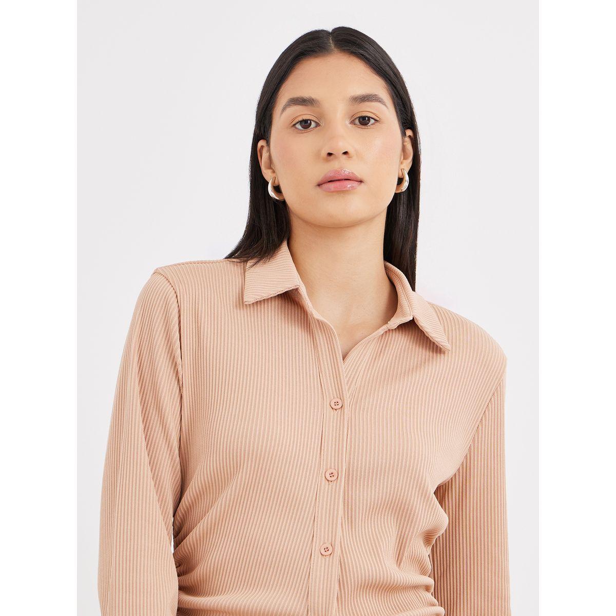 Styli Women Beige Ribbed Fitted Longline Shirt-women-clothing-shirtsandblouses-shirts-image-3