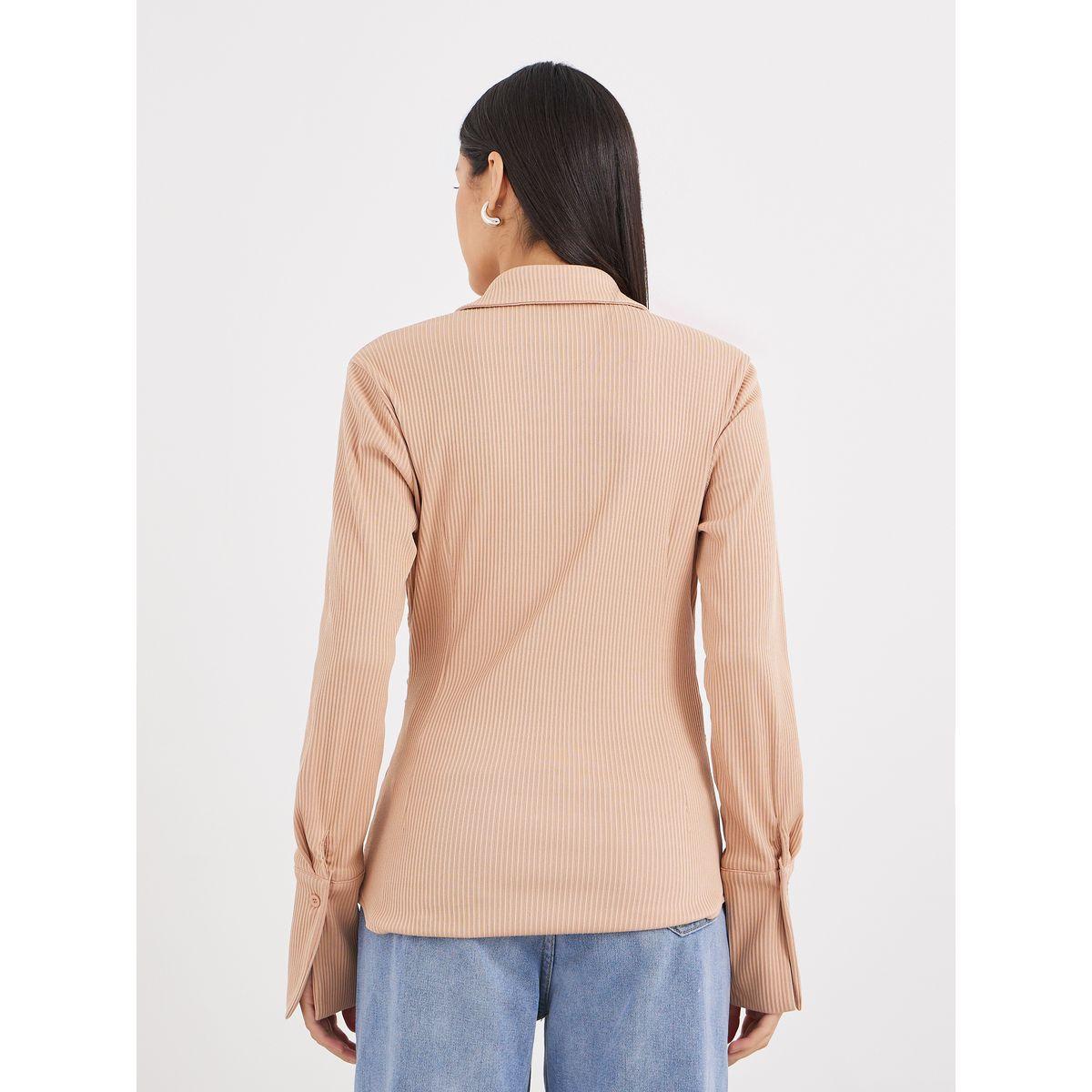 Styli Women Beige Ribbed Fitted Longline Shirt-women-clothing-shirtsandblouses-shirts-image-4