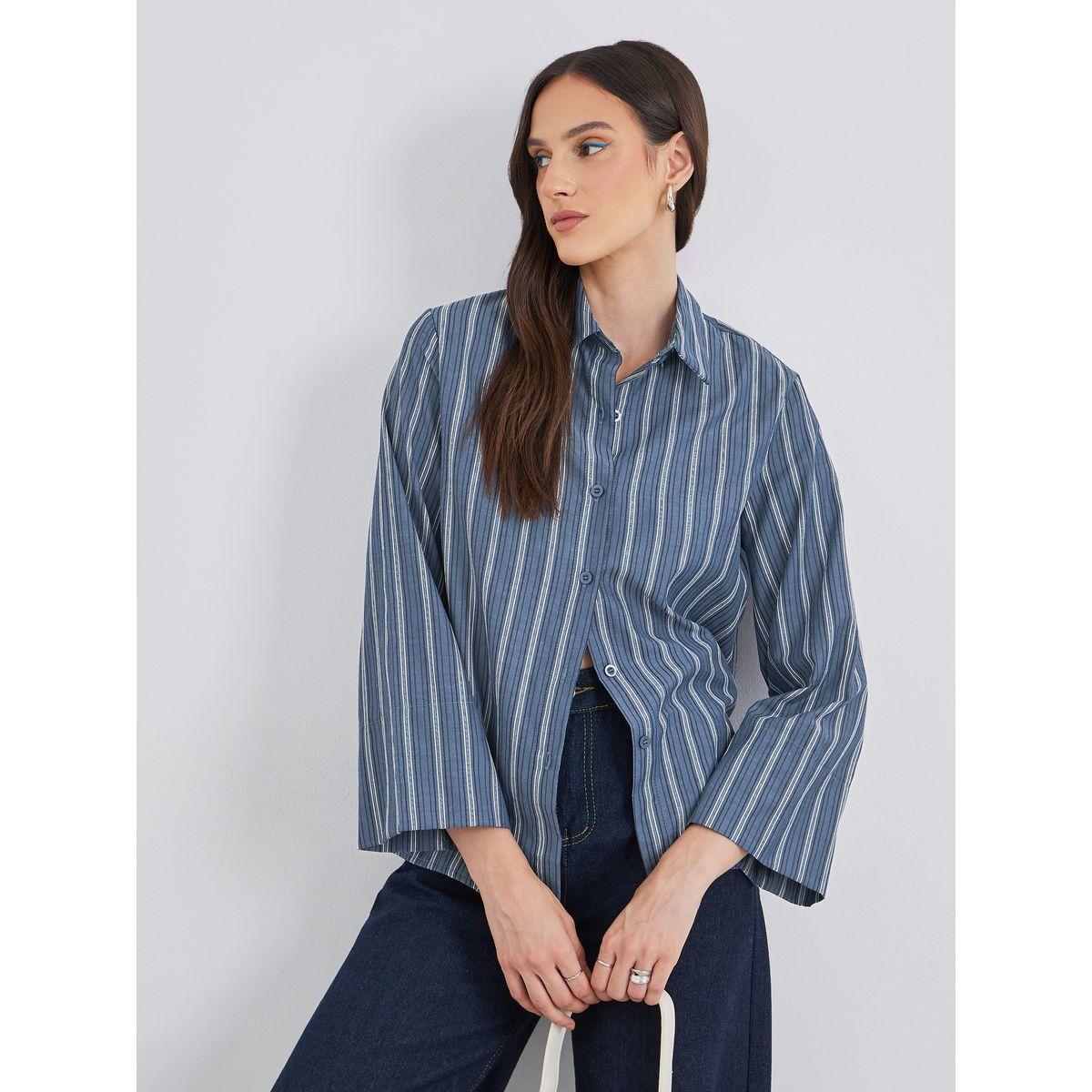 Styli Blue Striped Spread Collar Relaxed Fit Shirt-women-clothing-shirtsandblouses-shirts-image-1