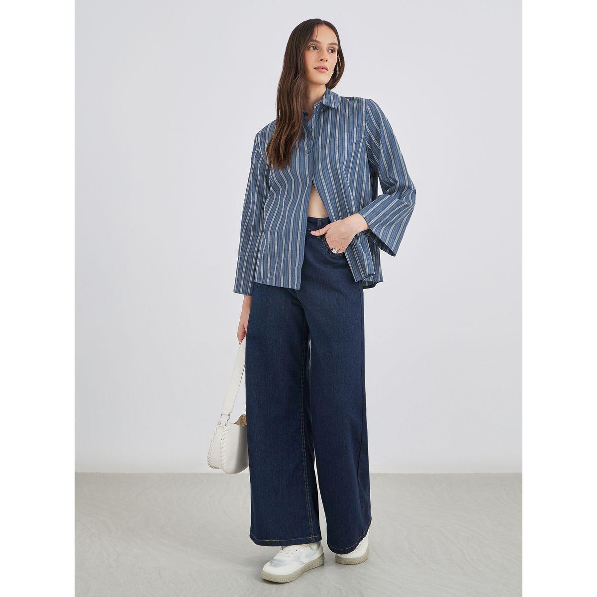 Styli Blue Striped Spread Collar Relaxed Fit Shirt-women-clothing-shirtsandblouses-shirts-image-2