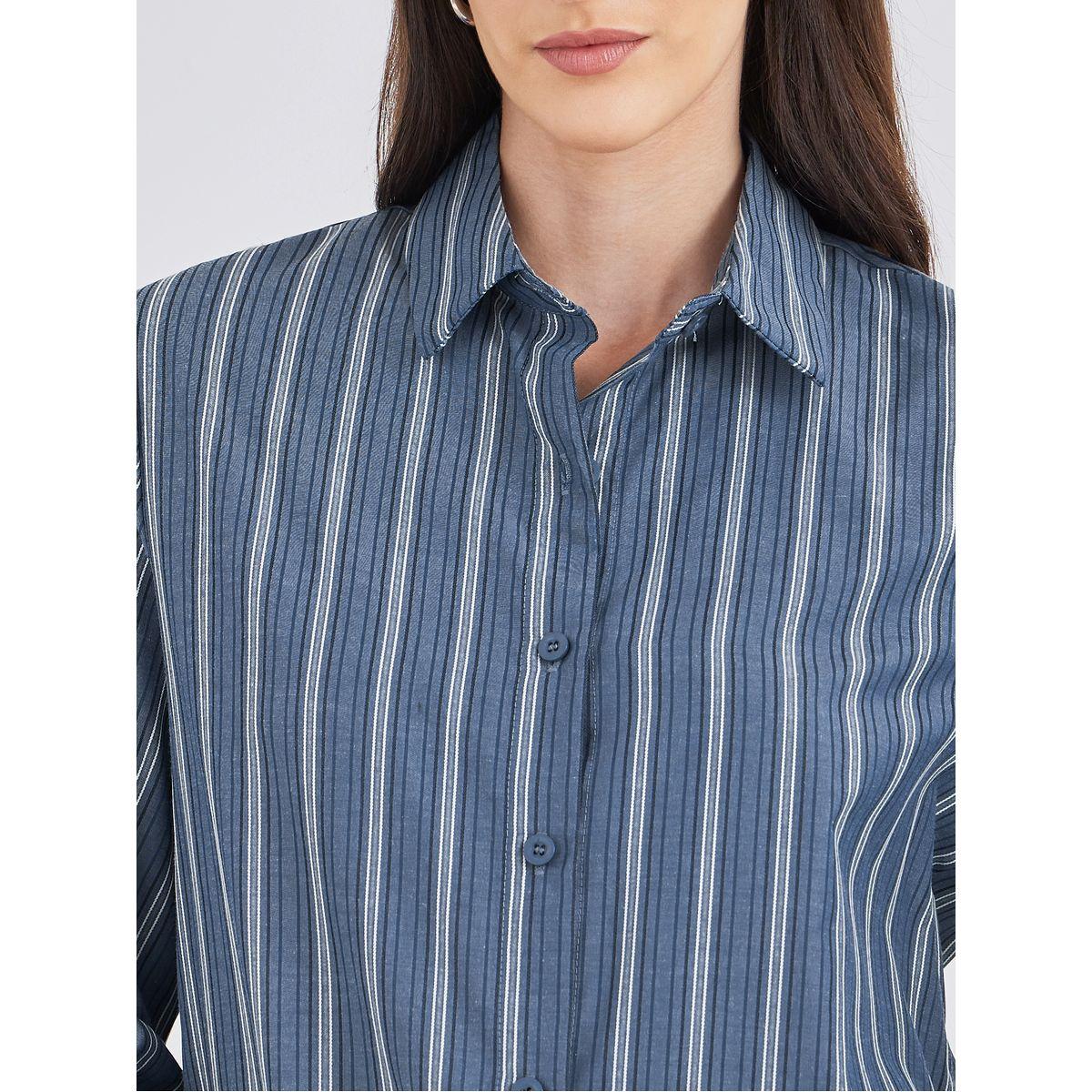 Styli Blue Striped Spread Collar Relaxed Fit Shirt-women-clothing-shirtsandblouses-shirts-image-3