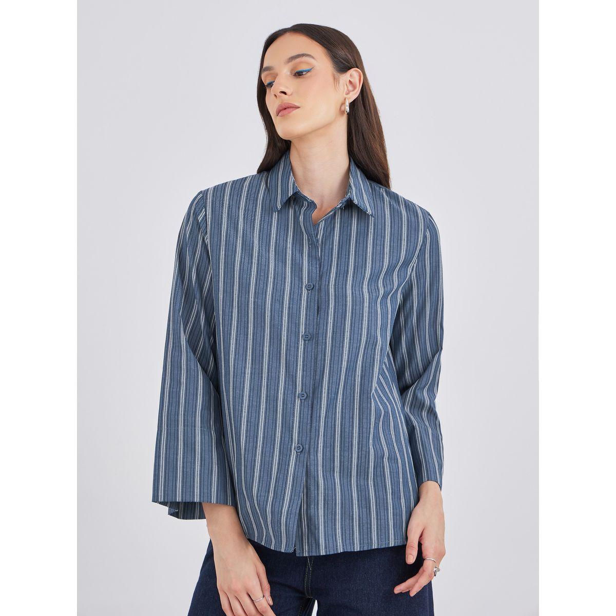 Styli Blue Striped Spread Collar Relaxed Fit Shirt-women-clothing-shirtsandblouses-shirts-image-4