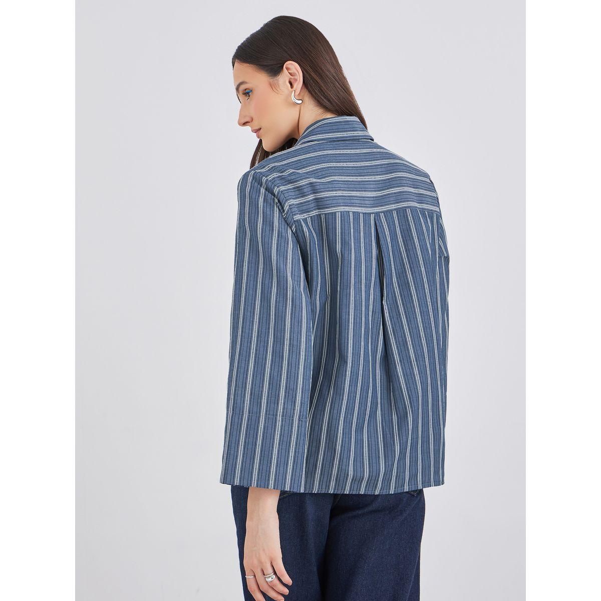 Styli Blue Striped Spread Collar Relaxed Fit Shirt-women-clothing-shirtsandblouses-shirts-image-5