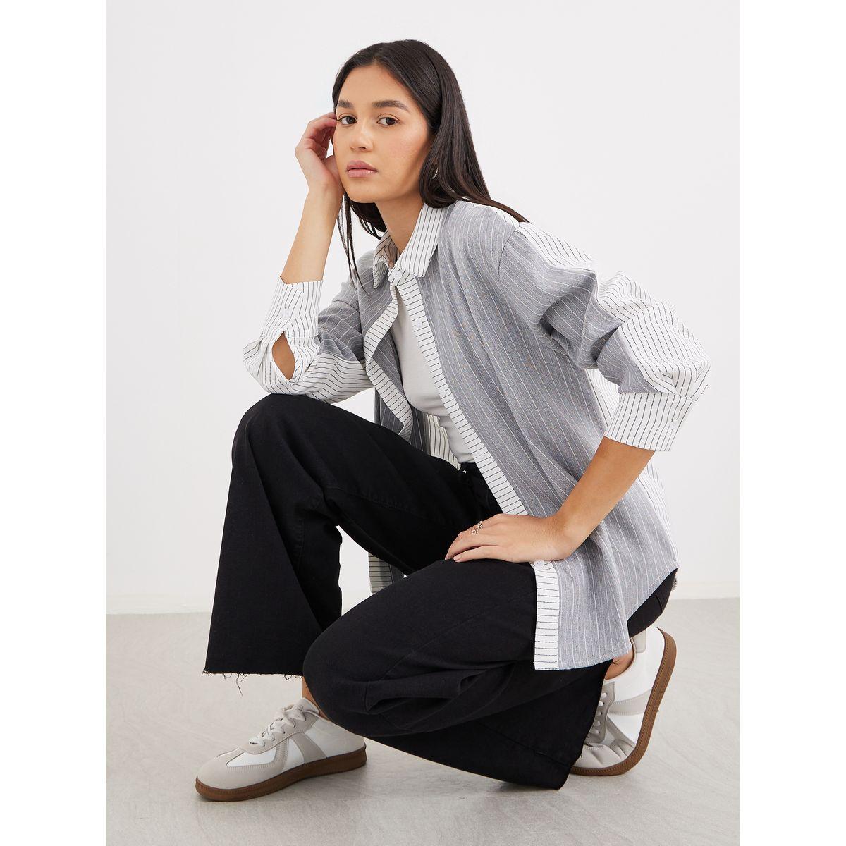 Styli Striped Grey Shirt with Spread Collar-women-clothing-shirtsandblouses-shirts-image-1