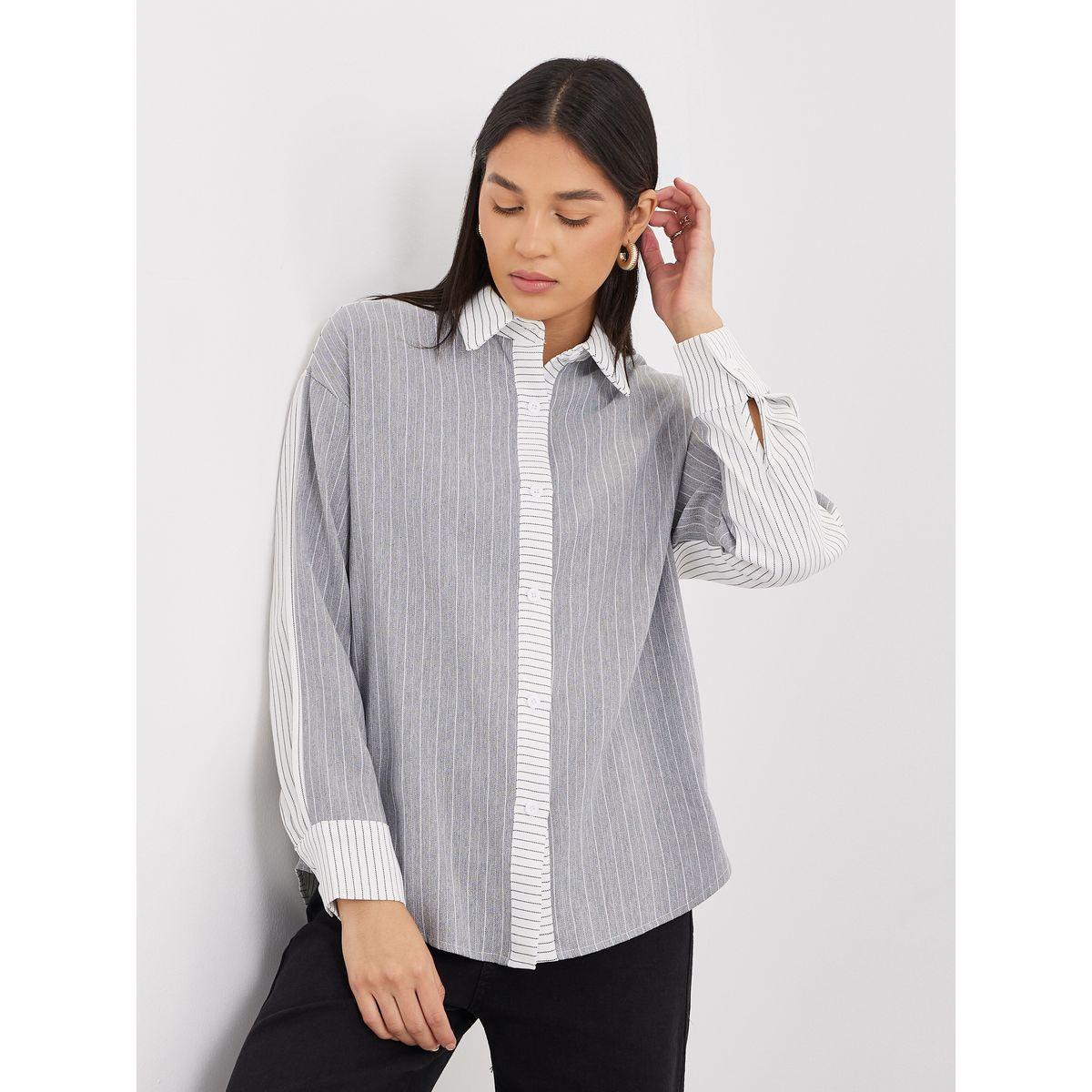 Styli Striped Grey Shirt with Spread Collar-women-clothing-shirtsandblouses-shirts-image-2
