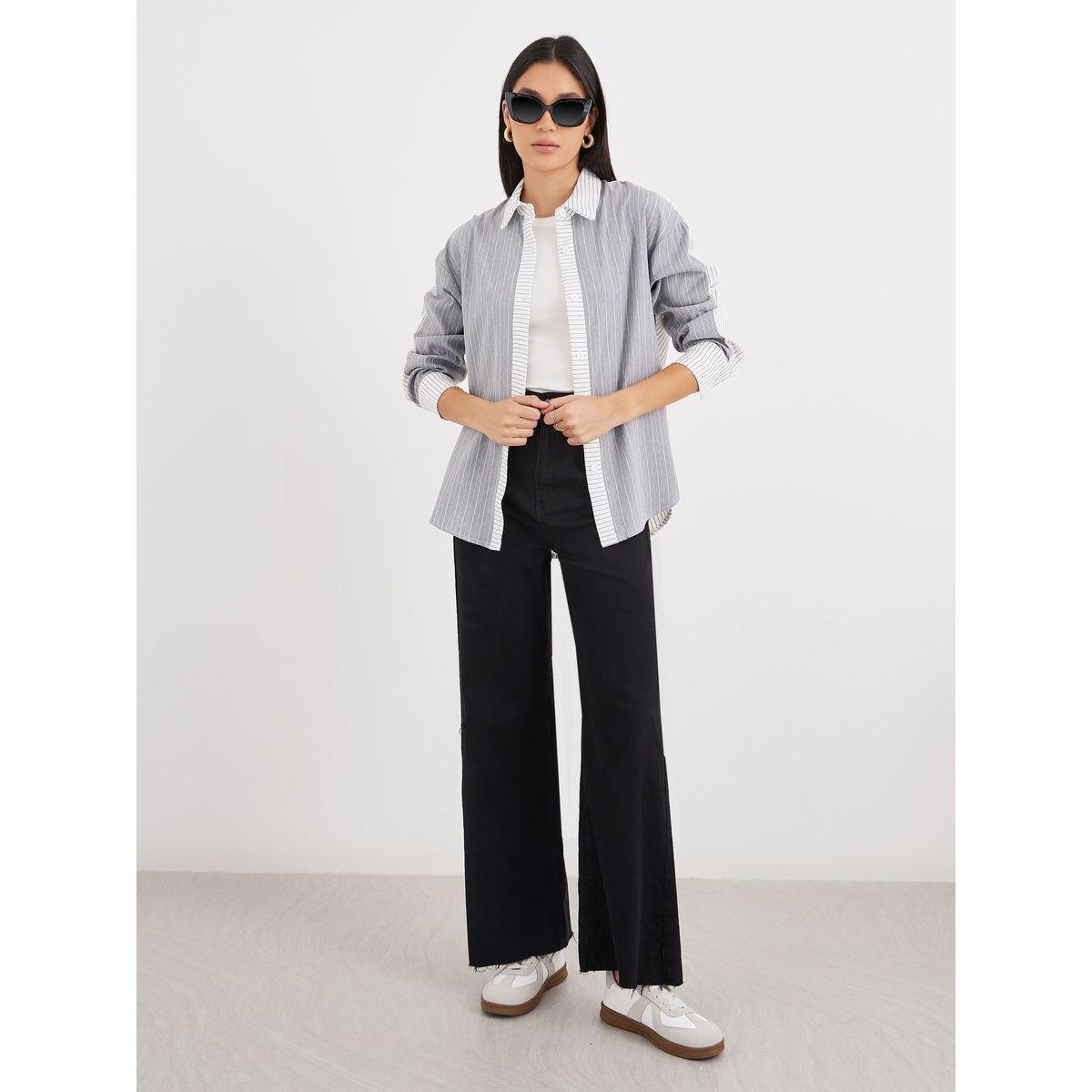 Styli Striped Grey Shirt with Spread Collar-women-clothing-shirtsandblouses-shirts-image-3
