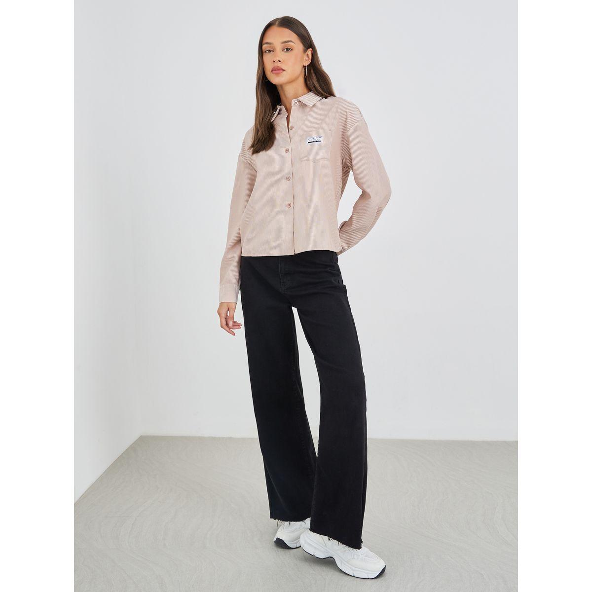 Styli Striped Badge Detail Chest Pocket Cropped Shirt-women-clothing-shirtsandblouses-shirts-image-2